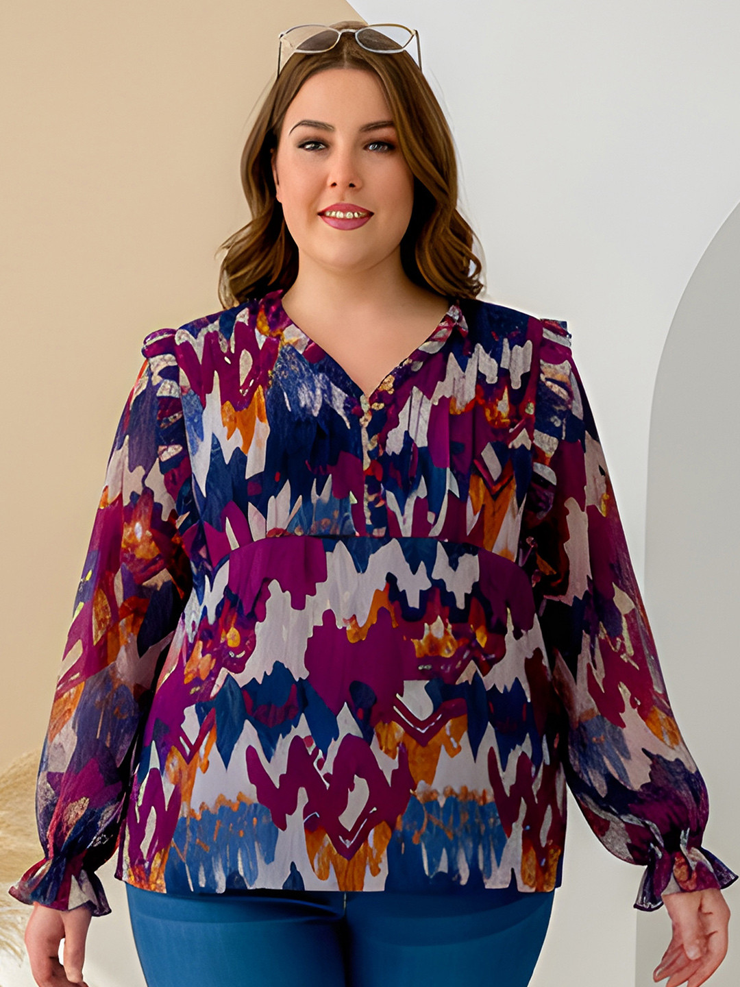 Indietoga Plus Size Abstract Printed Ruffles Puff Sleeve Georgette Top
