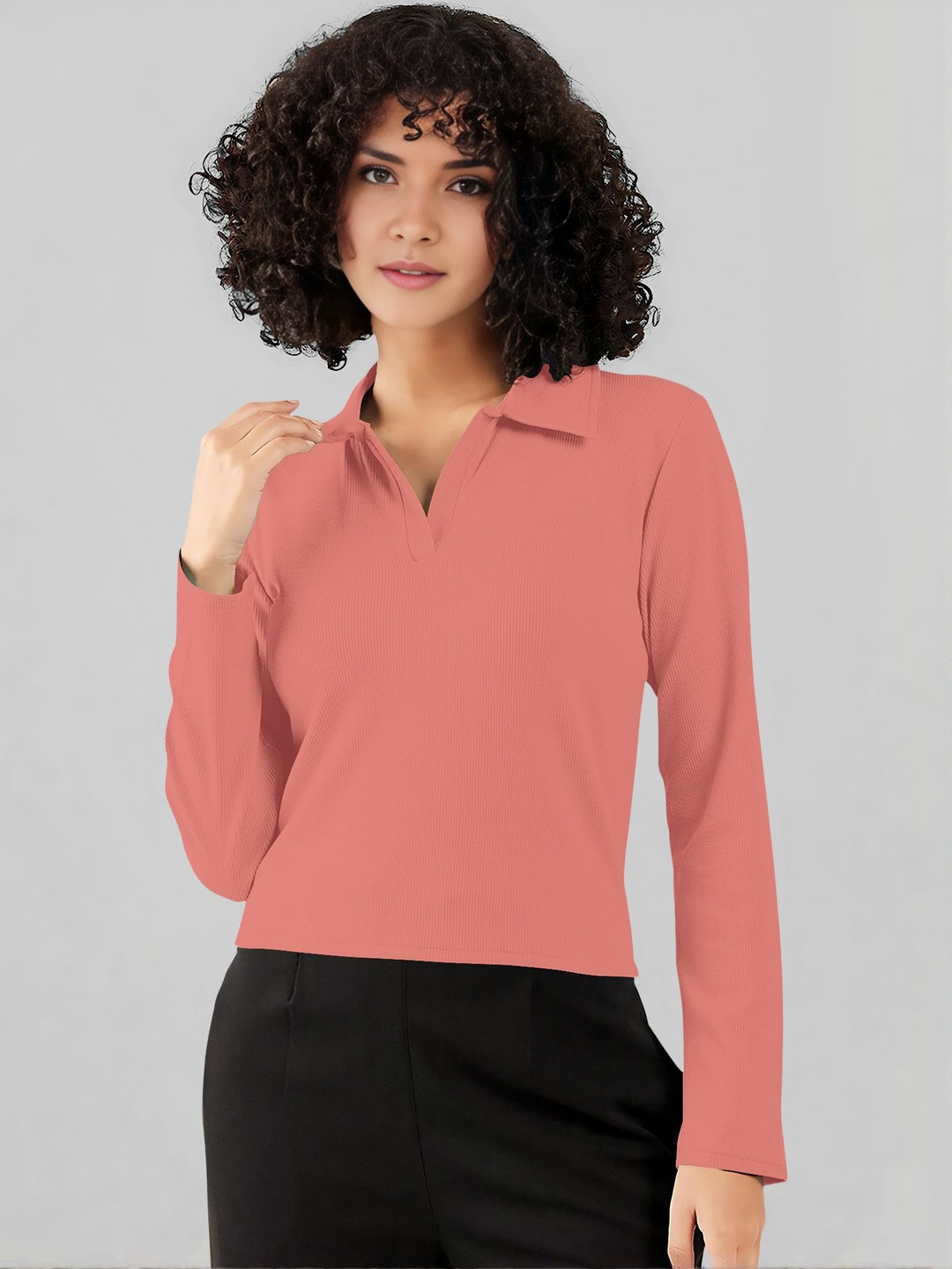 Peach Ribbed Shirt Collar Long Sleeve Top
