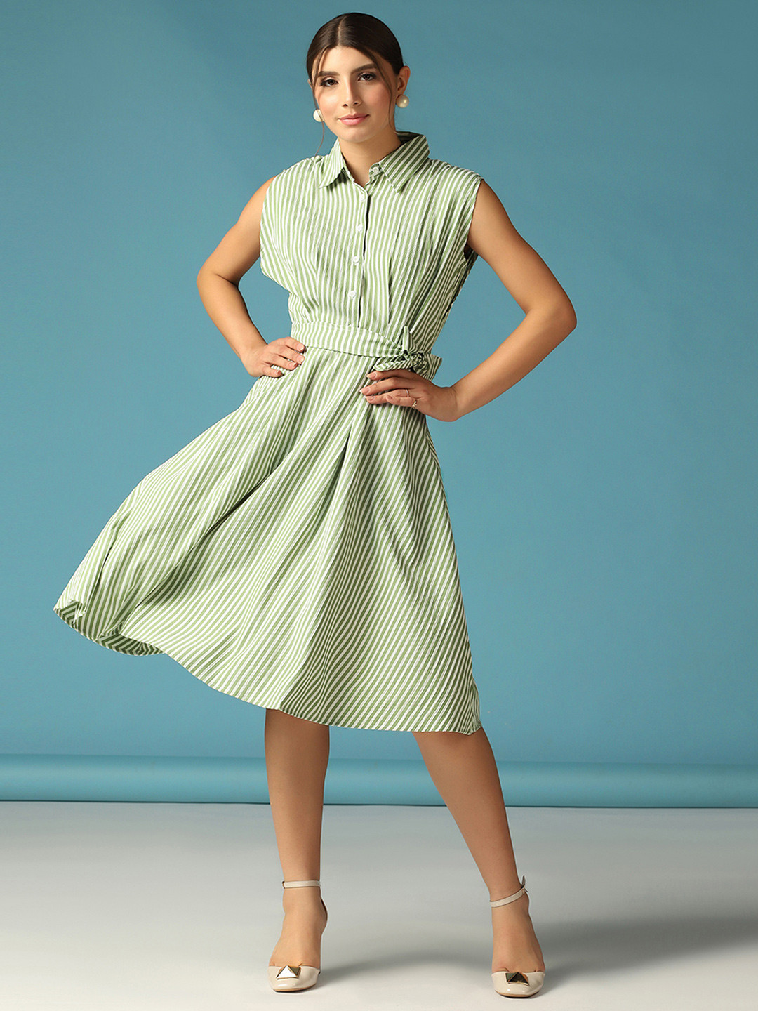 Selvia Edge Striped Shirt Collar Shirt Dress