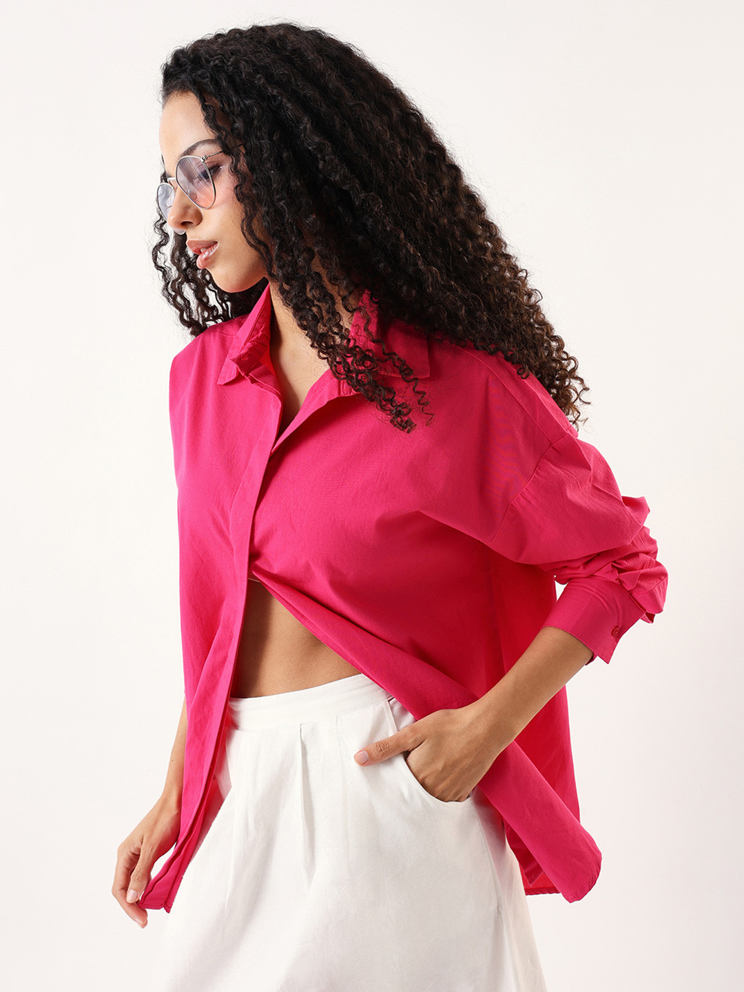 High Star oversized solid cotton pink casual shirt