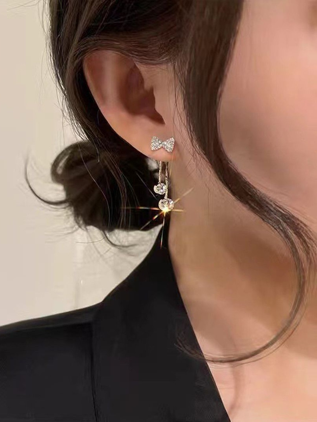 TheVineGirl Women Gold Alloy  Korean Studded Bow Shiny Tassels Drop Earrings