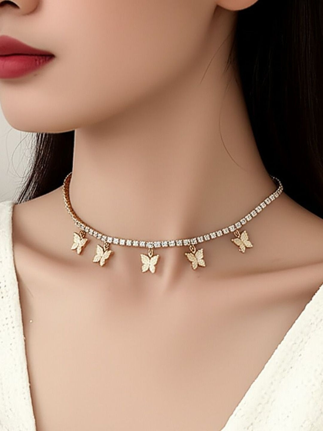 DressBerry Gold-Plated Single Layered Butterfly Studded Necklace