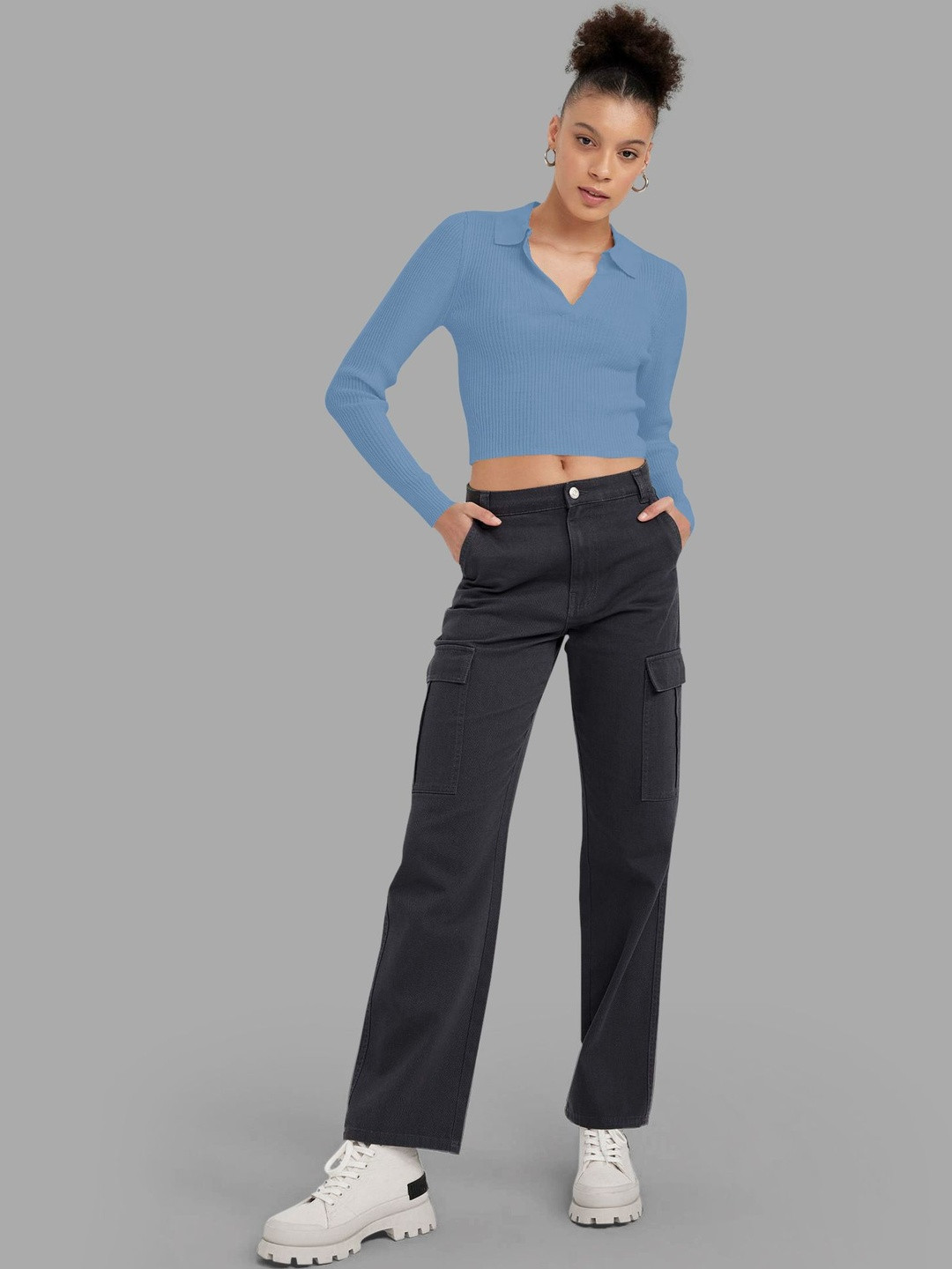 Maheshvi Women Blue Ribbed Shirt Collar Crop Top
