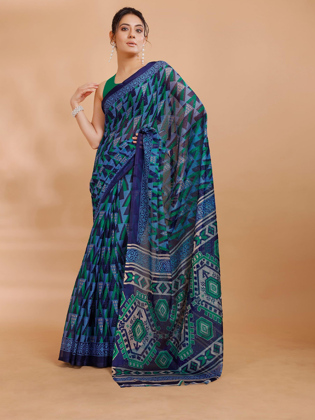 Garden Vareli Geometric Print Shiroski Work Pure Chiffon Saree