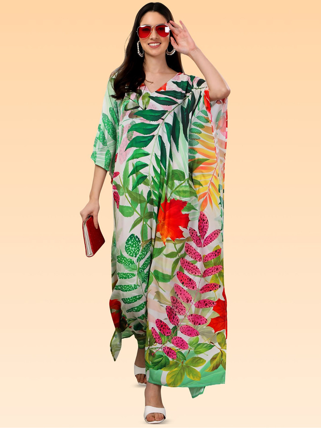 Metronaut Tropical Print Kimono Sleeve Kaftan Maxi Dress