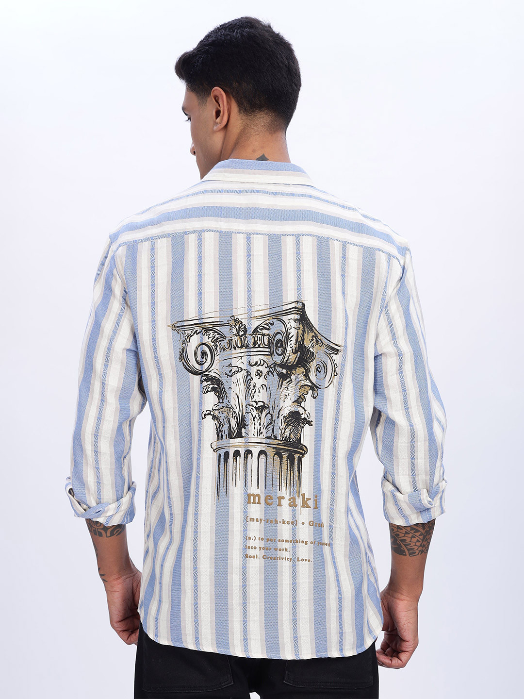 Eszett The Greek Vertical Striped Spread Collar Pure Cotton Shirt