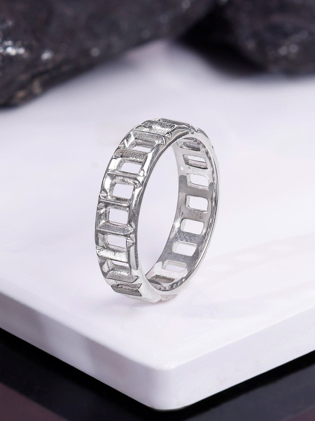 GIVA Men 925 Silver Rhodium-Plated Windowpane Finger Ring