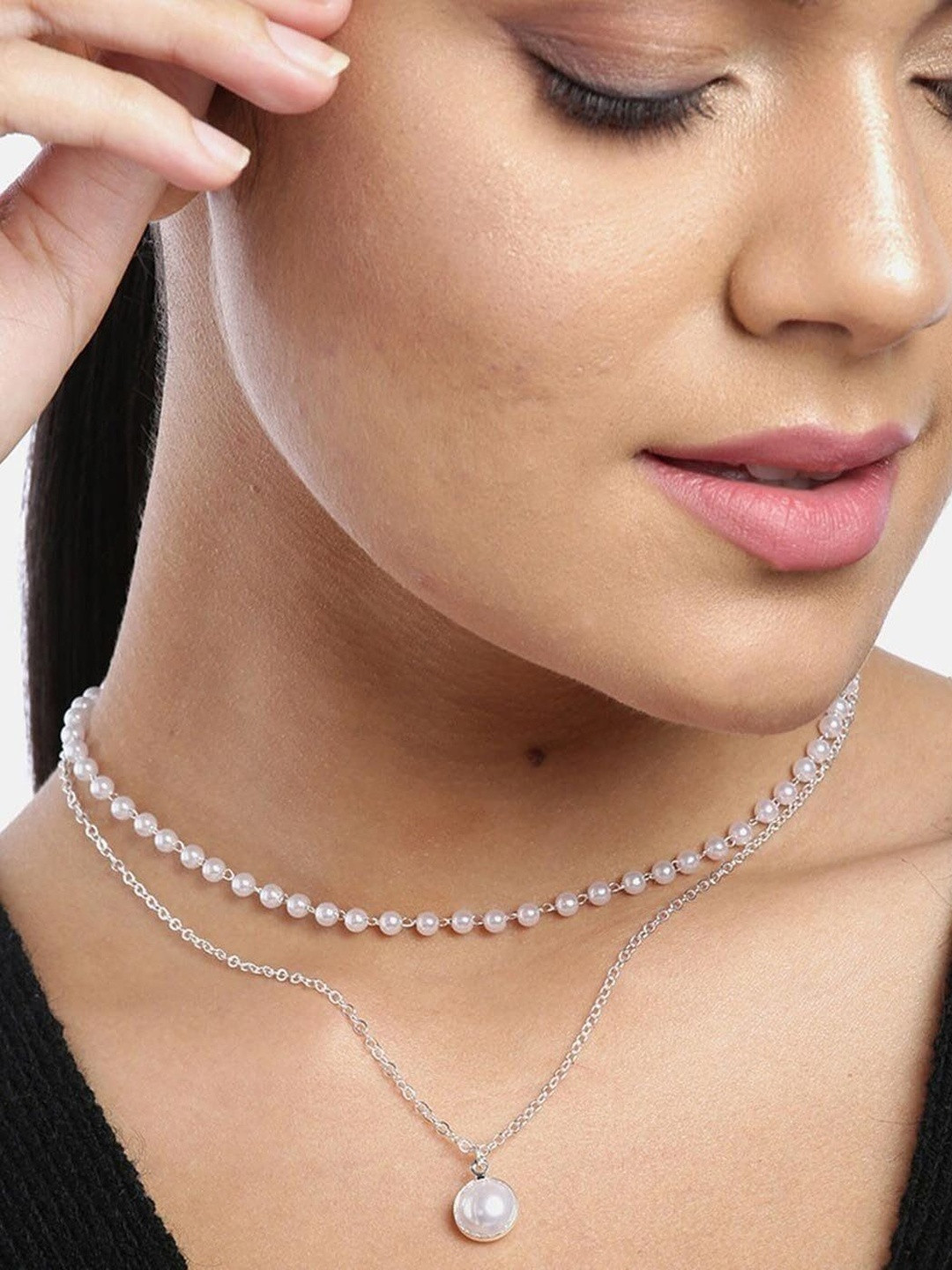 TheVineGirl Women Double Layered Single White Pearls Pendant Necklace