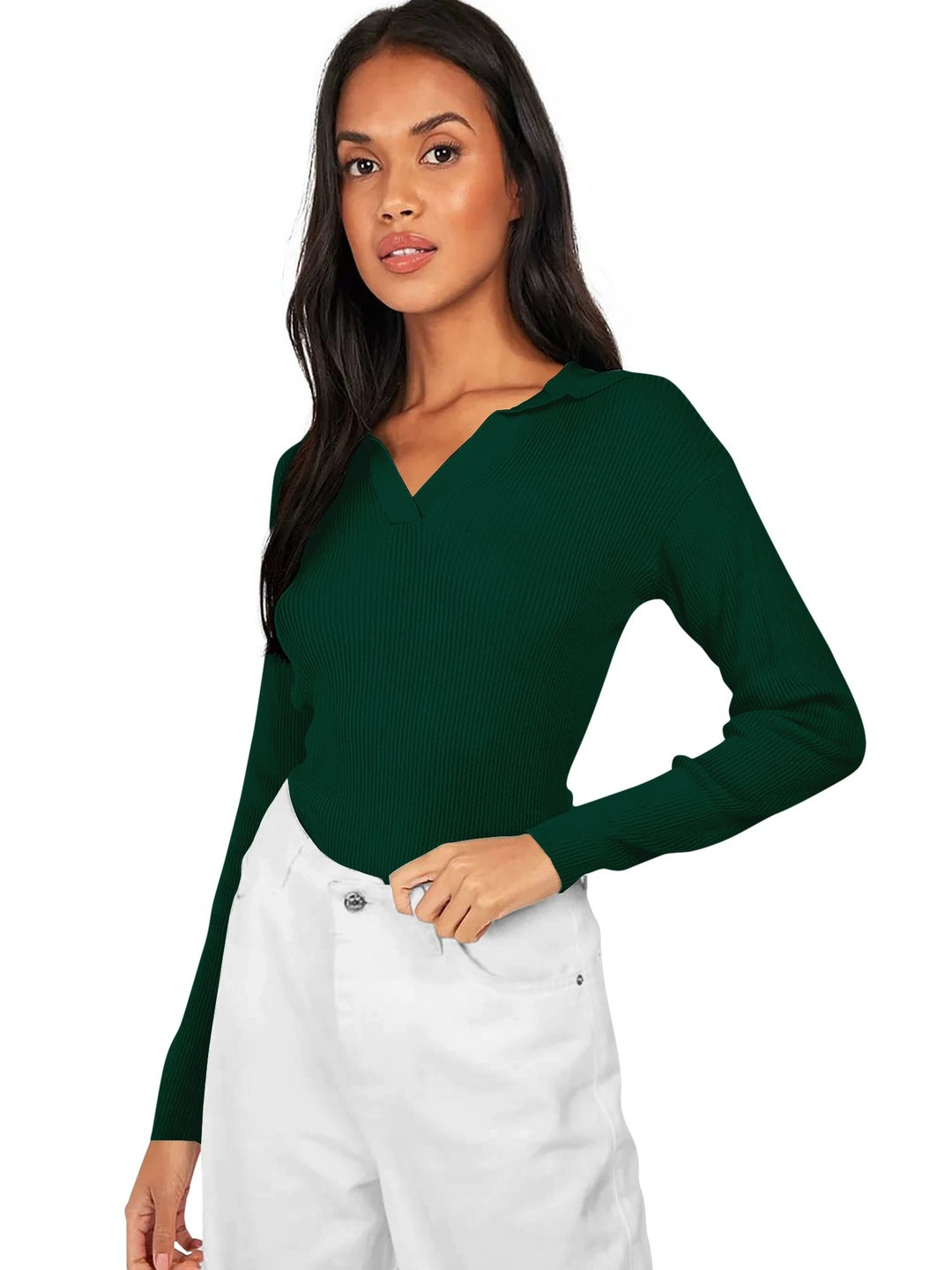 Maheshvi Top-18-Apple-Green Women Ribbed Shirt Collar Long Sleeves Fitted Top