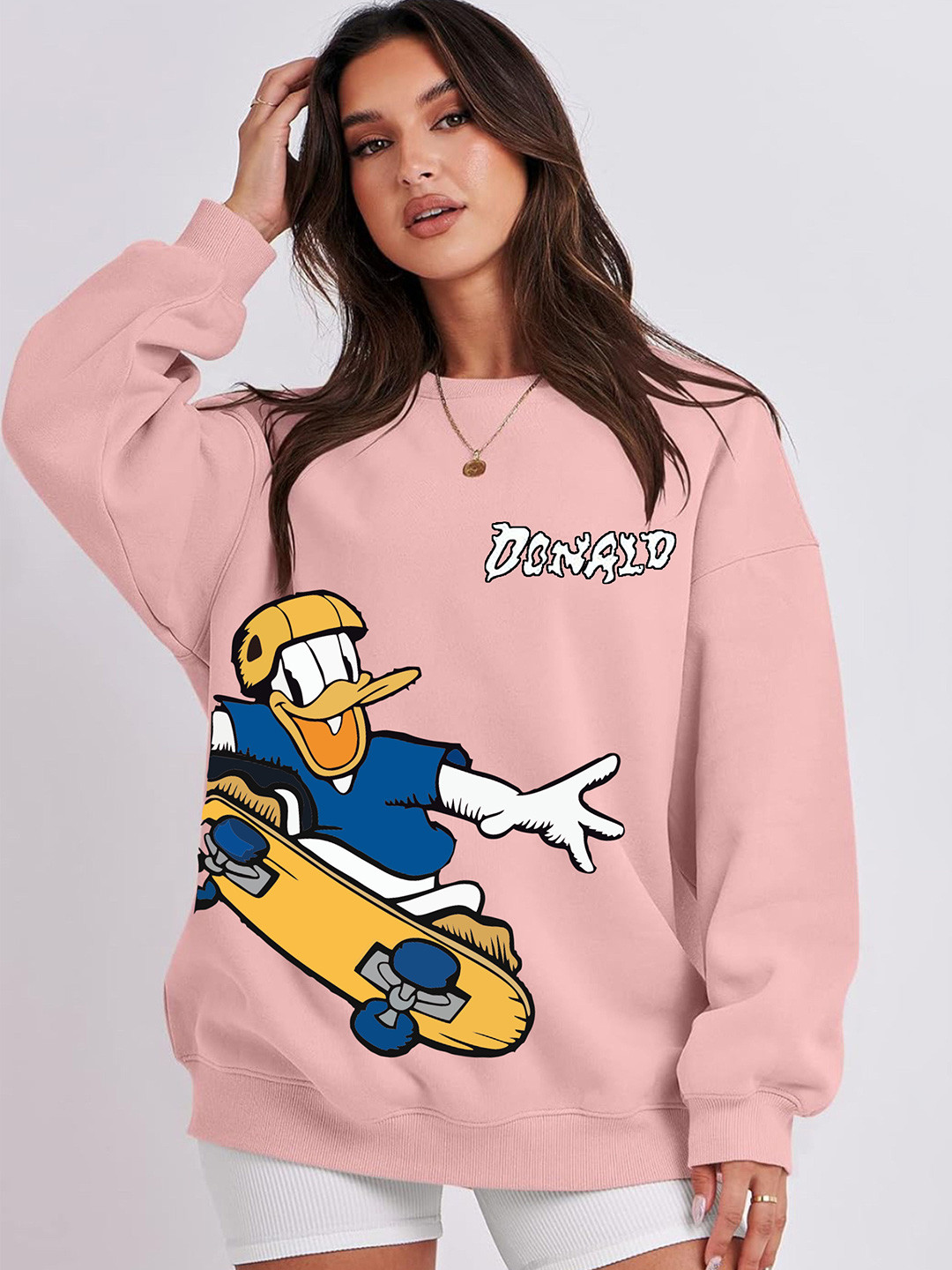 RAYACLOSET Donald Duck Printed Drop Shoulder Sleeves Oversized Pullover Sweatshirt