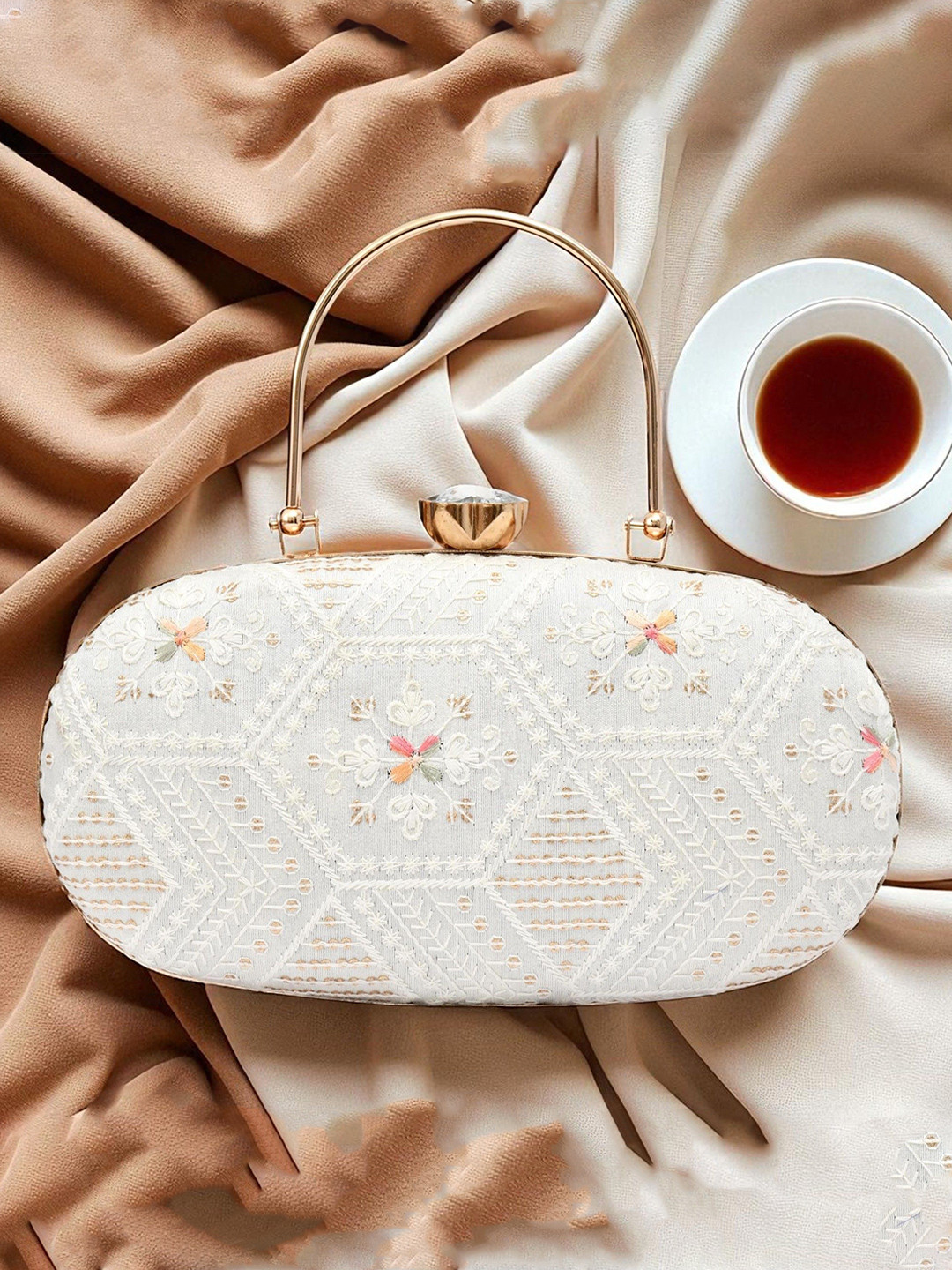 FOR THE BEAUTIFUL YOU Embroidered Embellished Wrist Loop Click Box Clutch