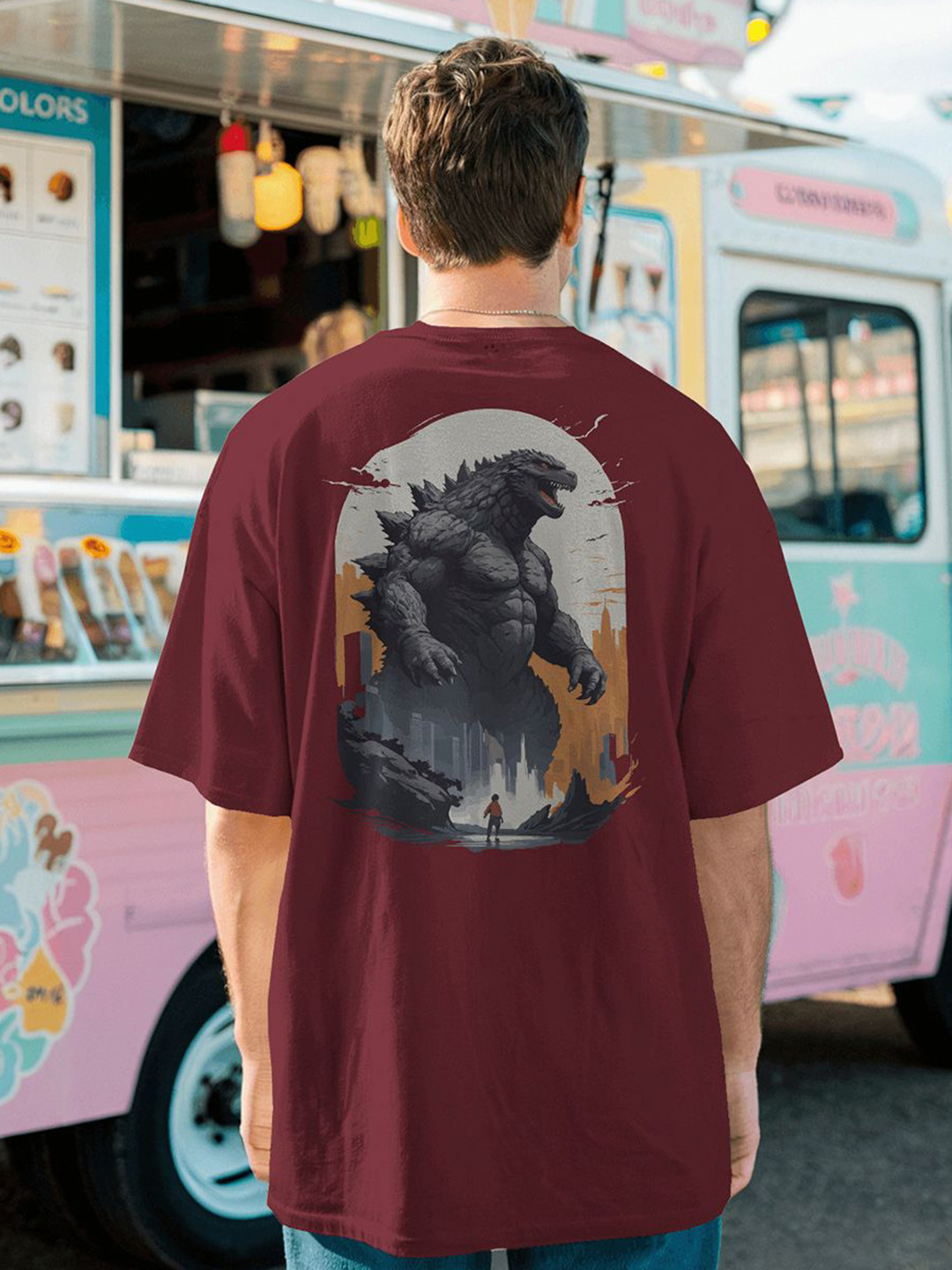 SENO TEX Godzilla Graphic Printed Round Neck Cotton Oversized T-shirt