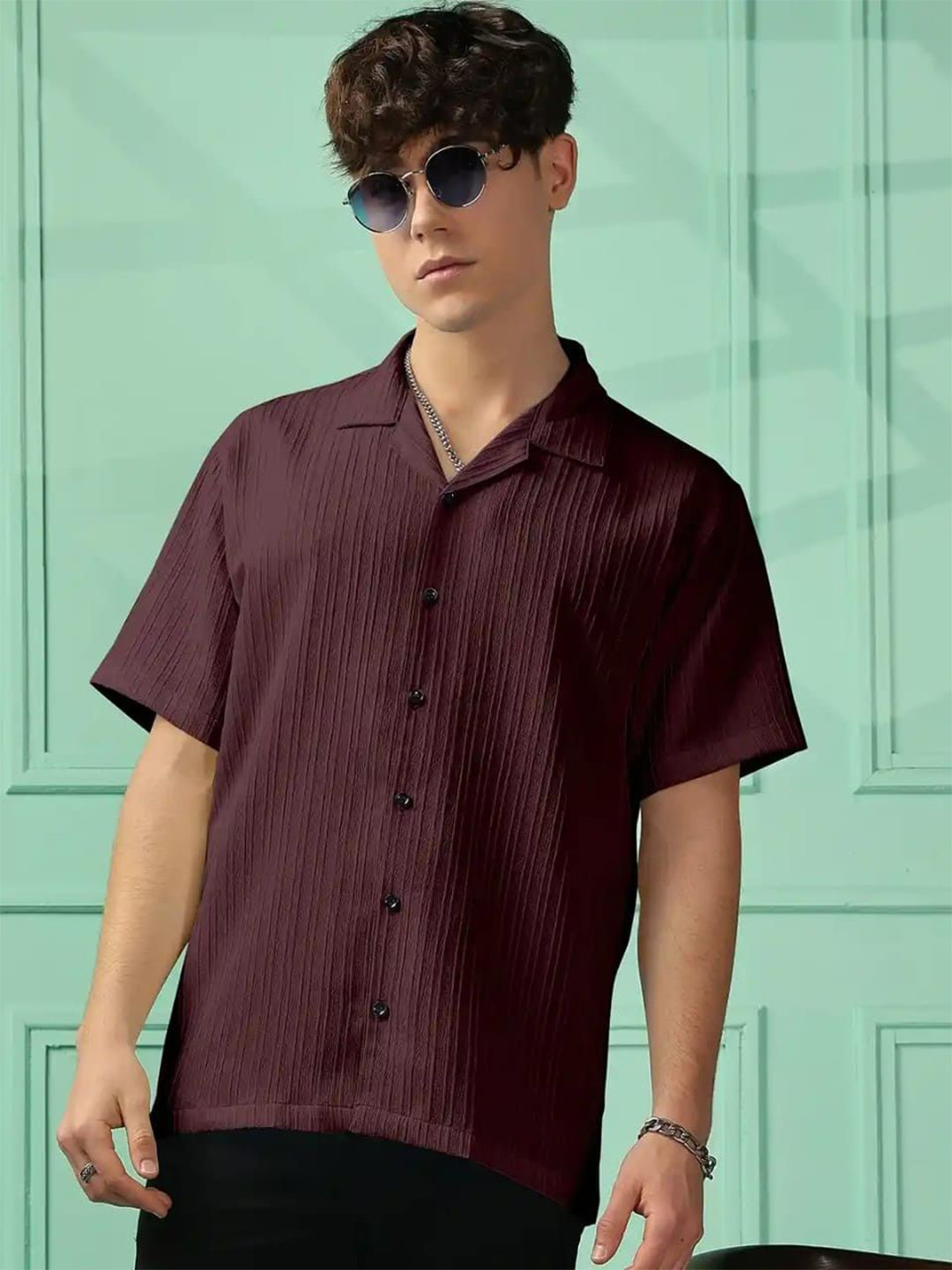 OQUENT Textured Cuban Collar Regular Fit Casual Shirt