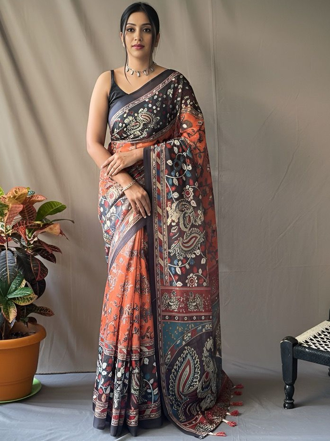 Tasarika Kalamkari Printed Chanderi Saree With Designer Border