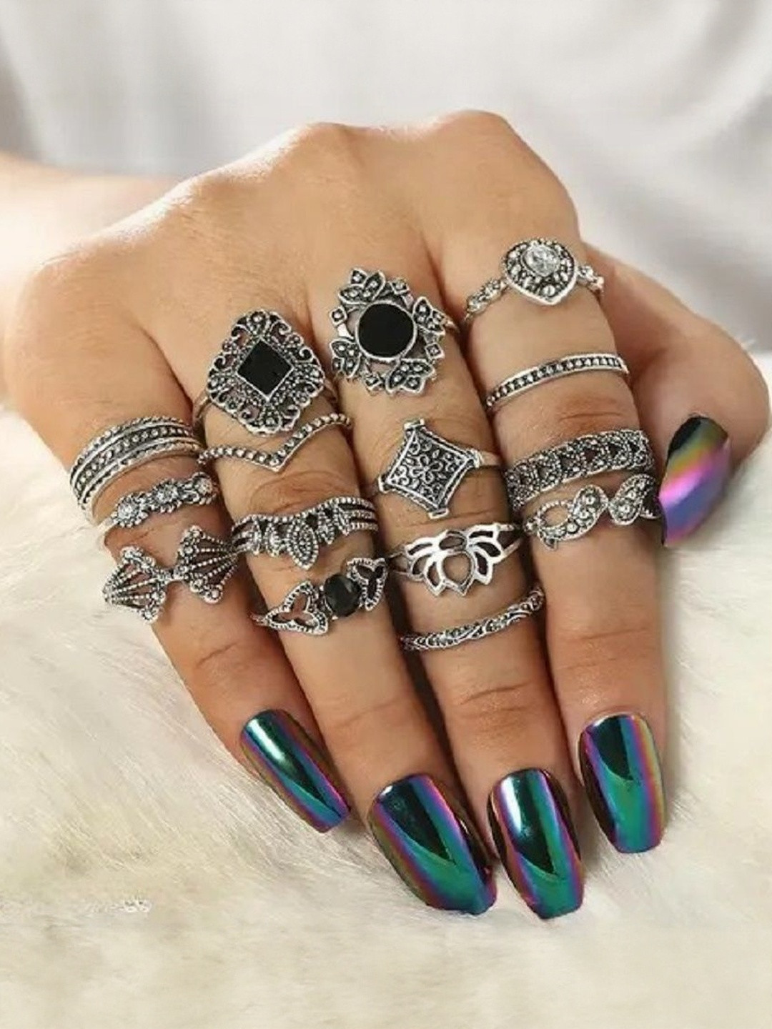 TheVineGirl Set Of 15 Sliver-Plated Studded Vintage Floral Design Oxidised Finger Rings