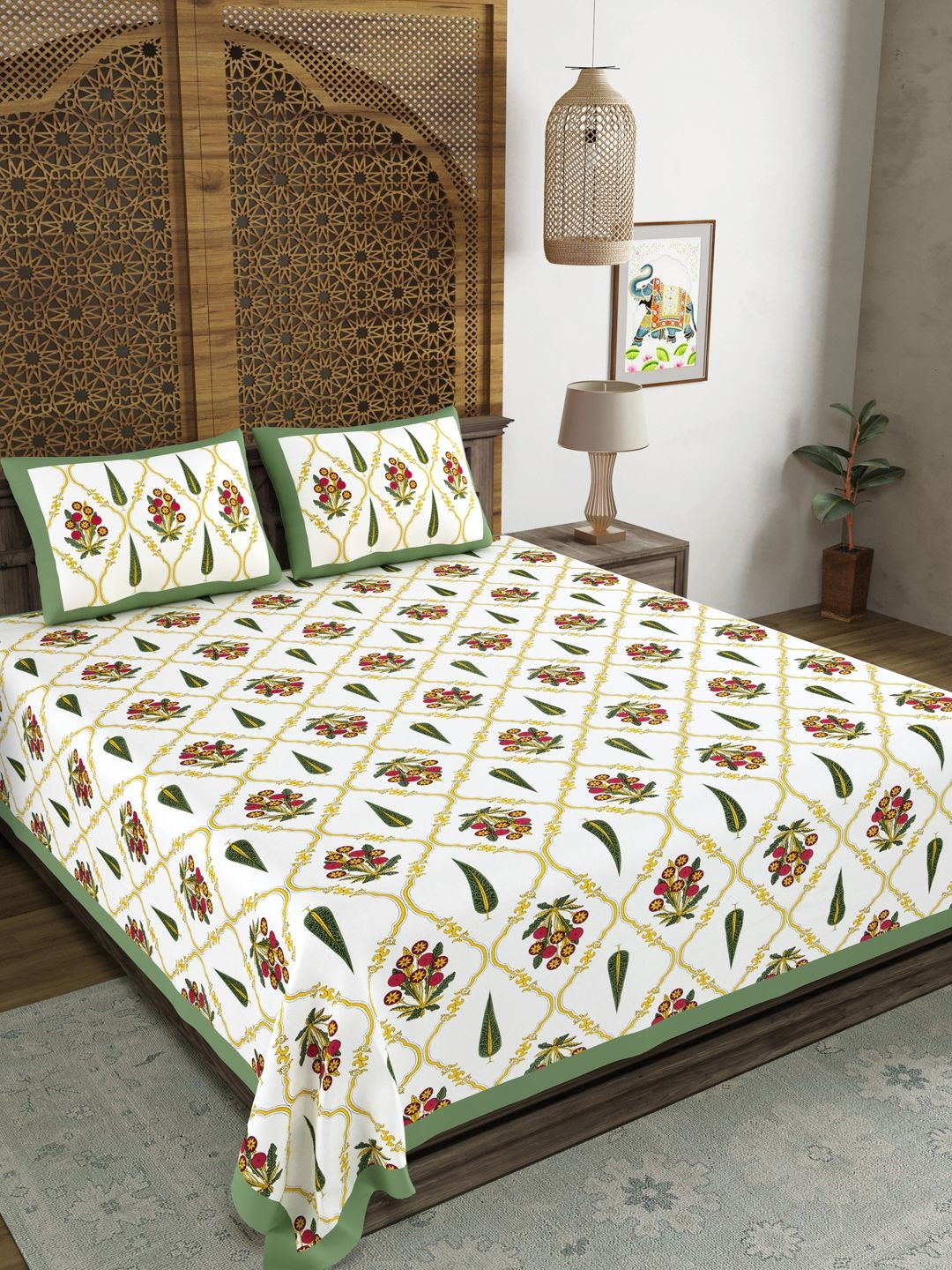 BLOCKS OF INDIA White & Green Printed Cotton 210 TC King Bedsheet Set 2.28 m x 2.74 m