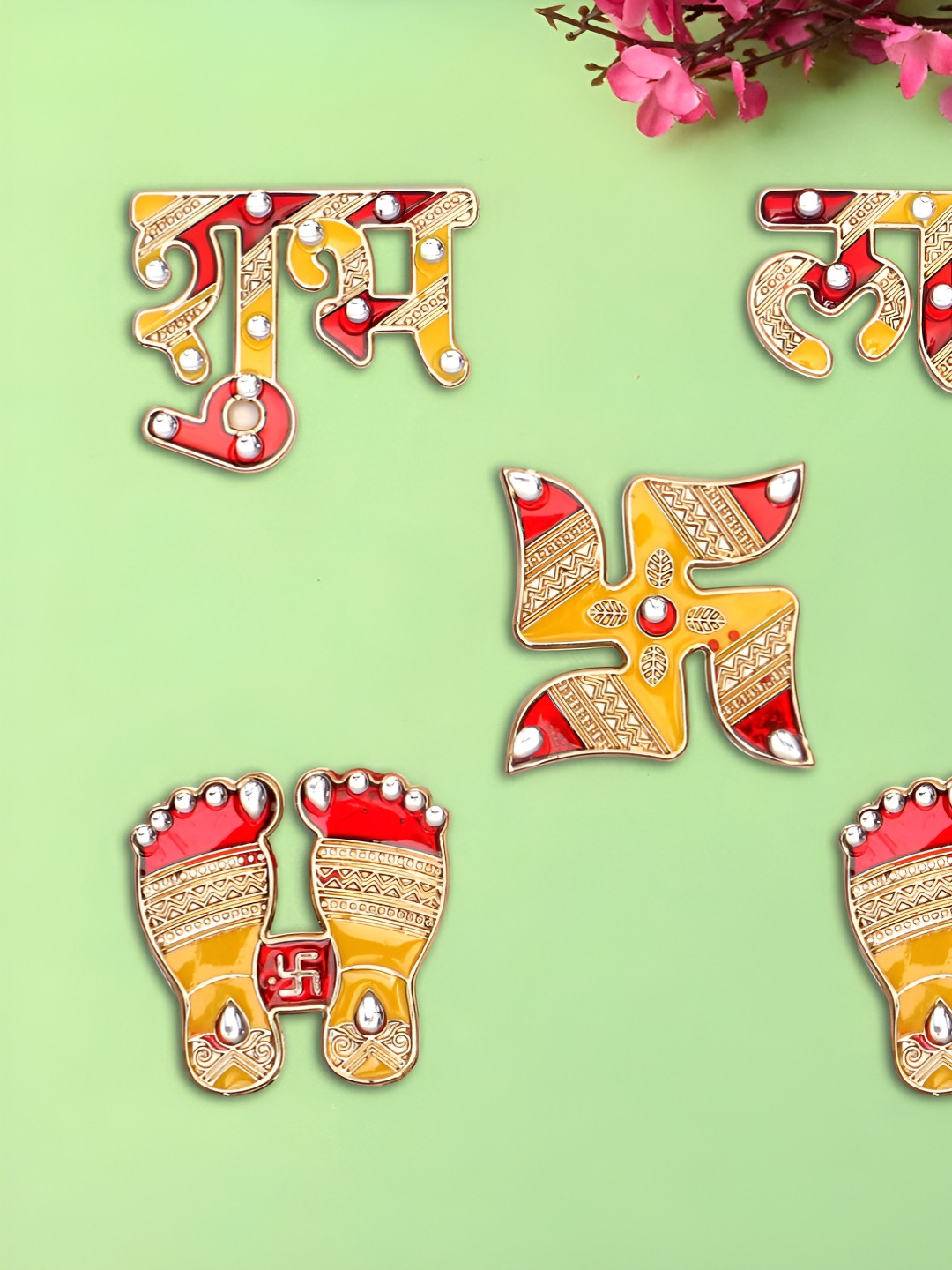 PROKART Red & Yellow 5 Pcs Textured Shubh Labh Swastik & Laxmi Ji Pair Wall Hangings