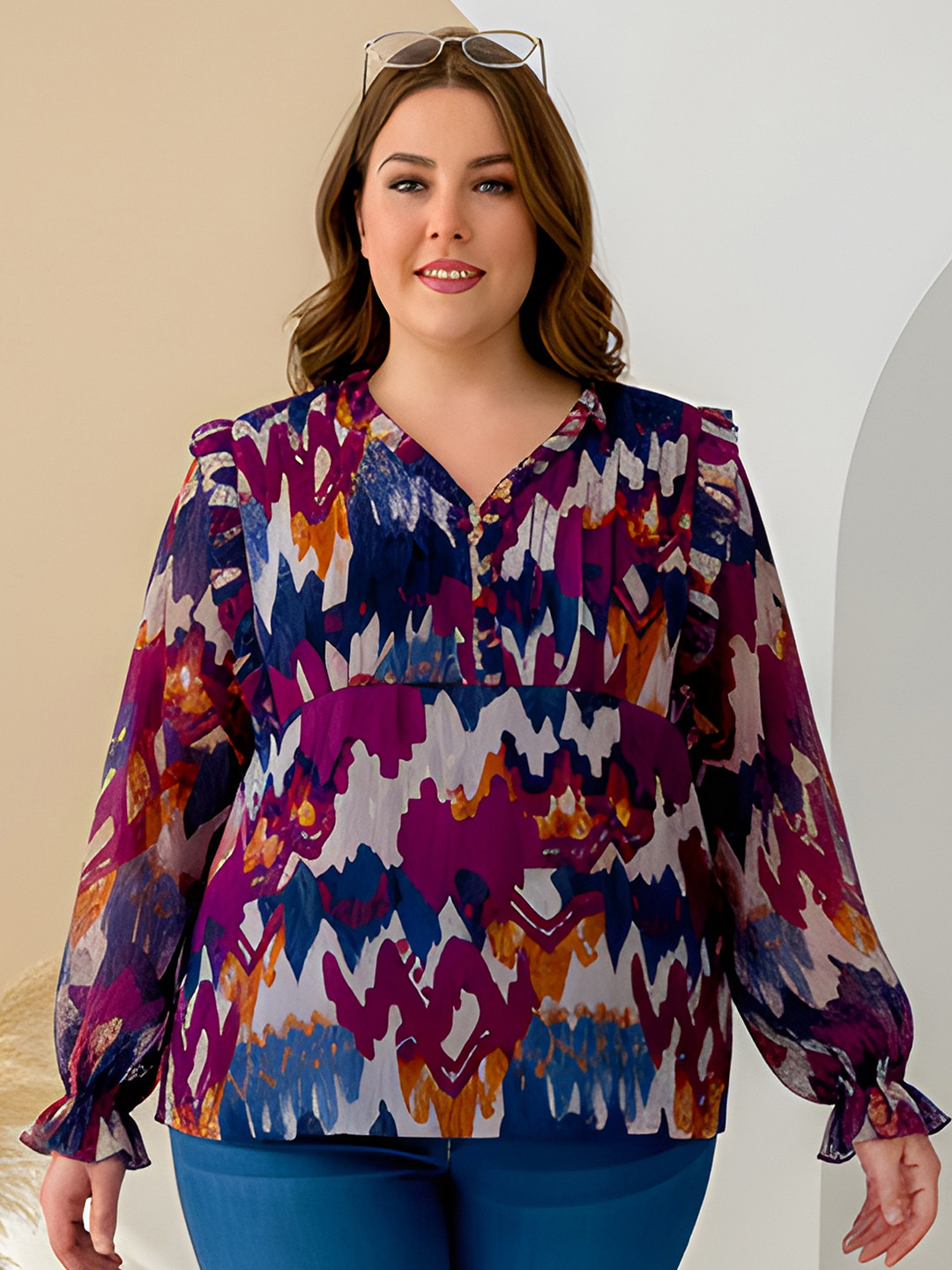Indietoga Women Plus Size Abstract Print Long Sleeves Georgette Tunic