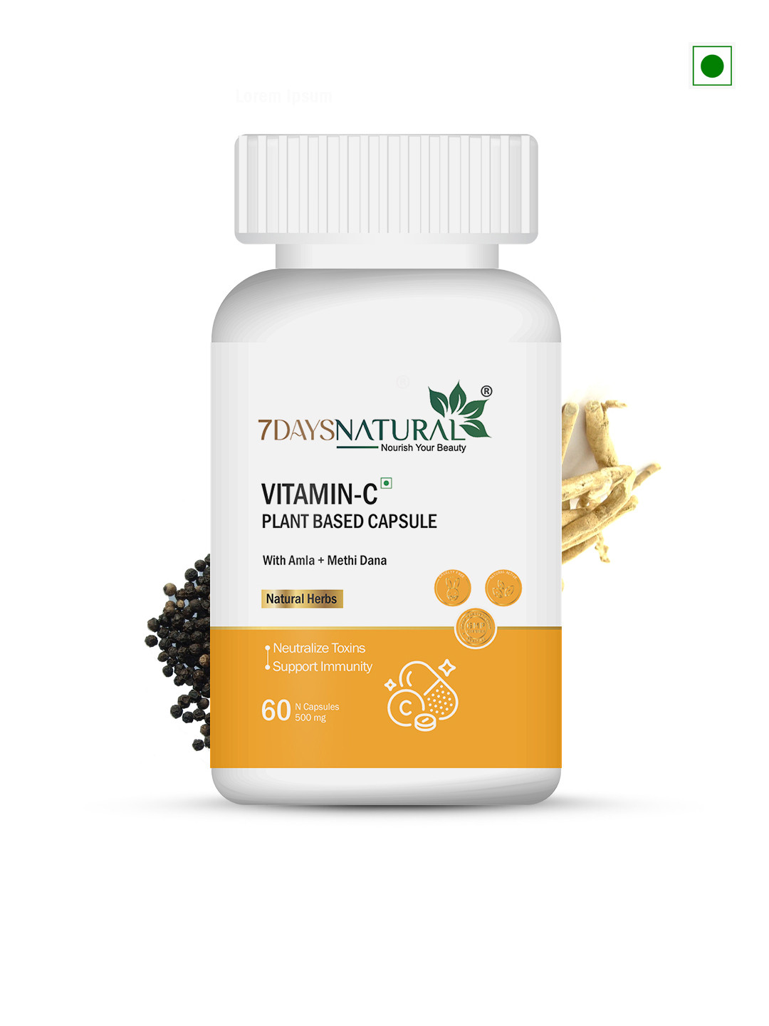 7DAYSNATURAL Plant Based Vitamin C Capsules To Boost Immunity & Support Aging - 60 Capsules