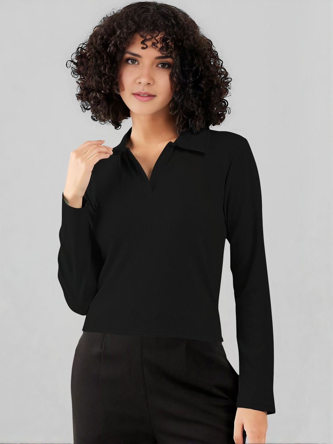 Maheshvi Women Collared V-Neck Full Sleeve Ribbed Top