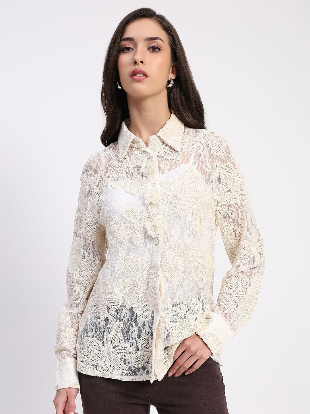 Global Republic Floral Printed Spread Collar Long Sleeves Sheer Cotton Shirt