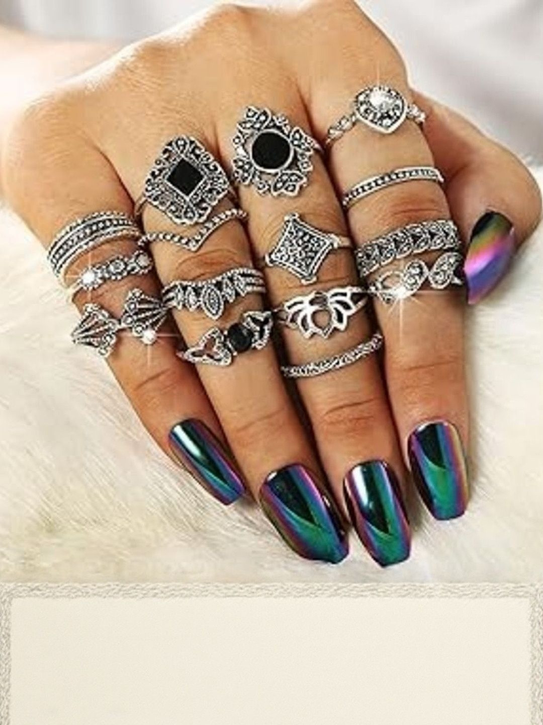 DressBerry Set Of 15 Silver-Plated Stone-Studded Vintage Floral Design Finger Rings