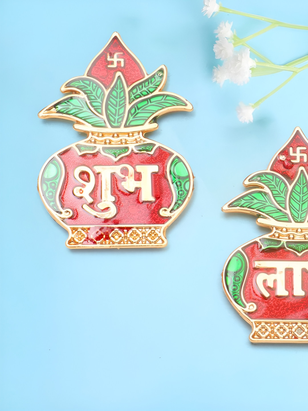 PROKART Red & Green 2 Pcs Textured Kalash Shubh Labh Wall Hangings