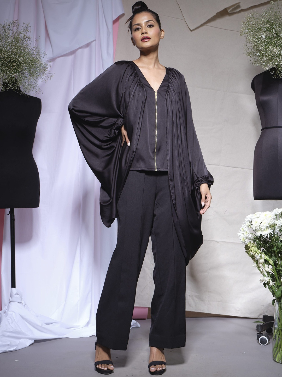 ECHKE Women Solid V-Neck Zipper Batwing Sleeve Satin Top