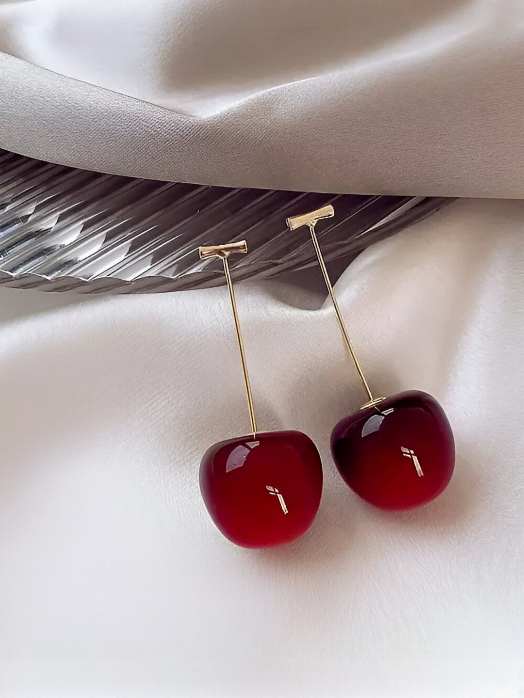 Inites Stainless Steel Gold-Plated Korean Red Cherry Shaped Drop Earrings