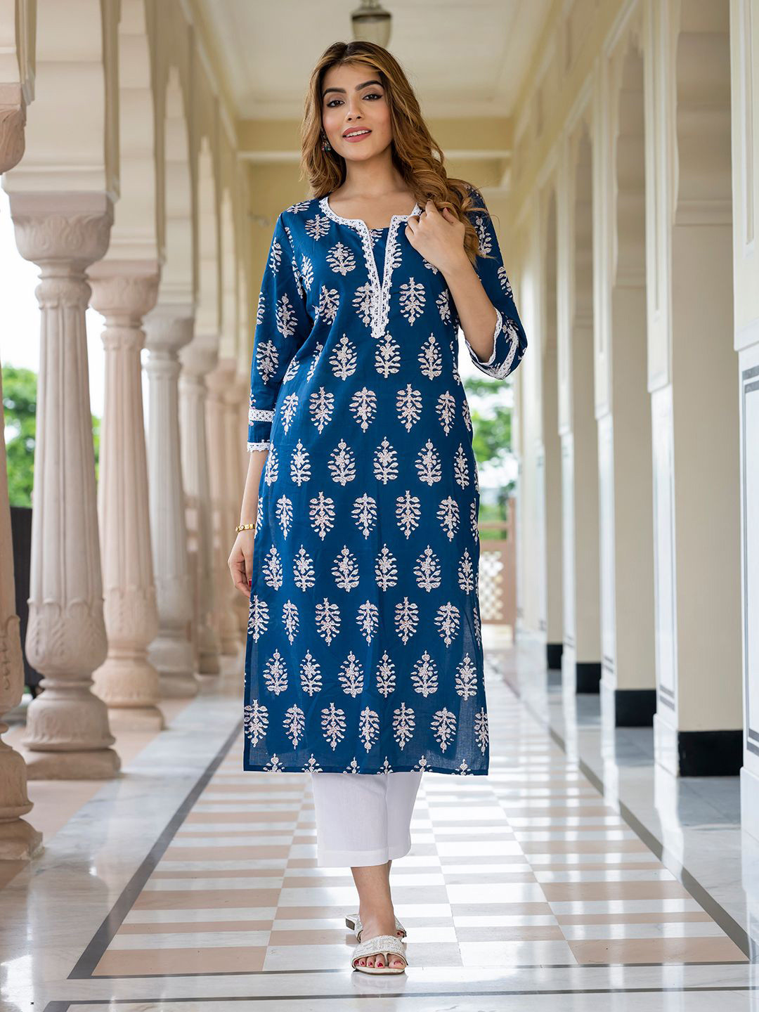 KALINI Women Pure Cotton Blue Lace Work Straight Kurta