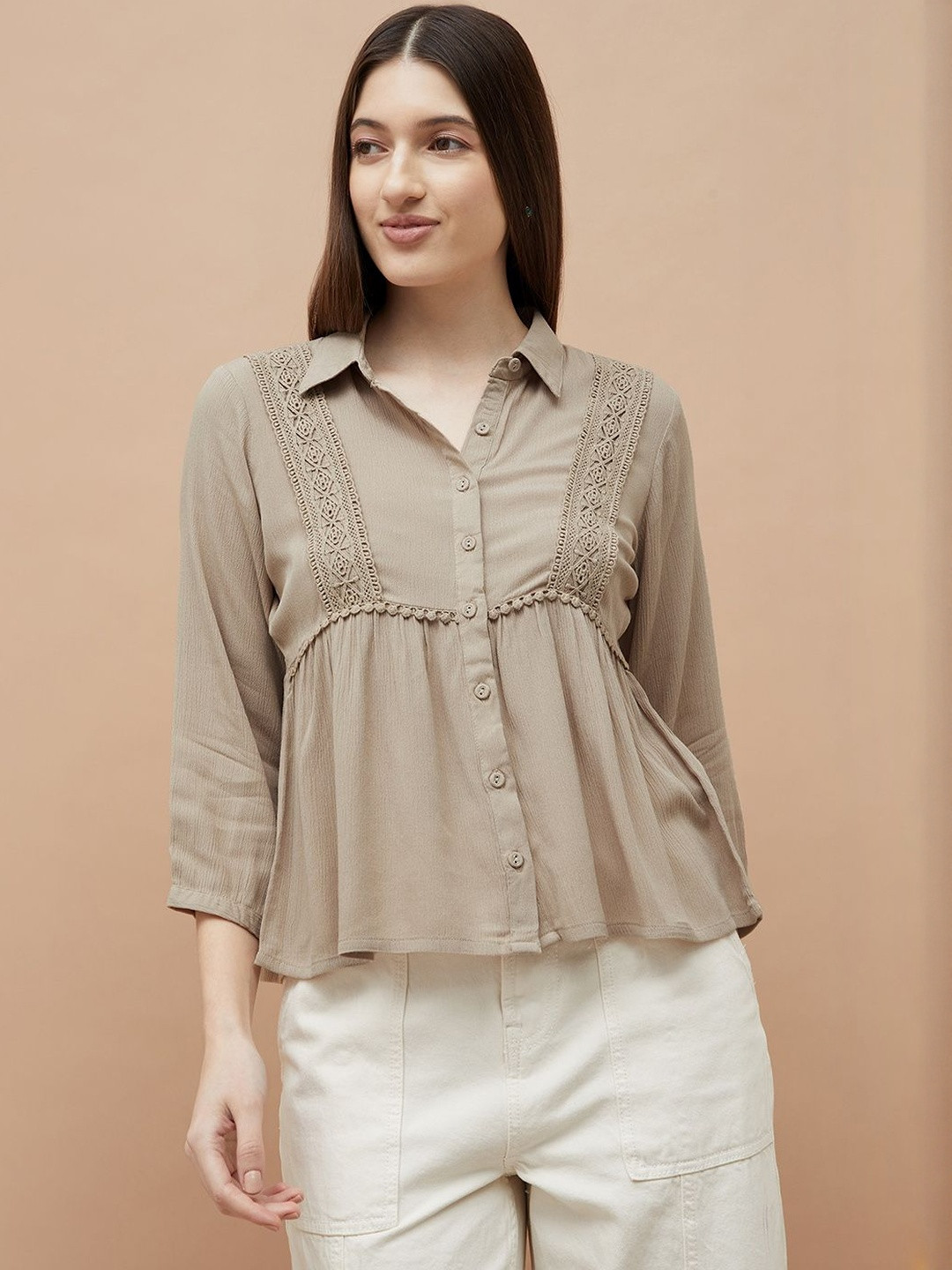 Fame Forever by Lifestyle  Women Shirt Collar Lace Inserts Peplum Top