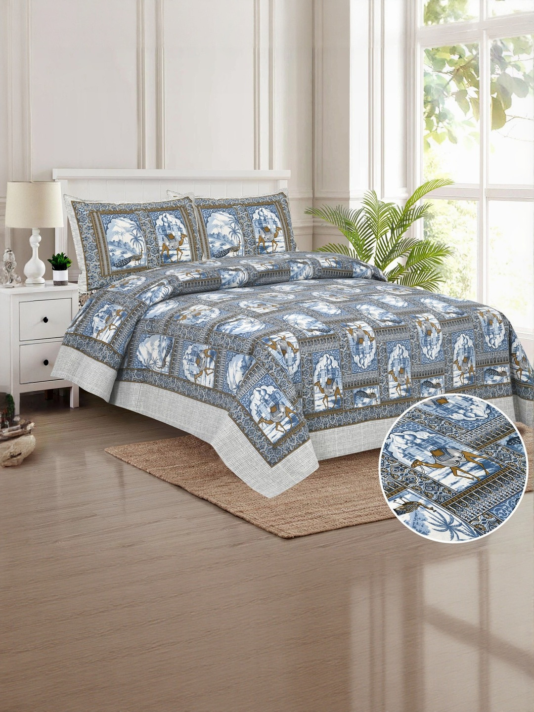 DHANOTA Beige & Green Printed 180 TC Pure Cotton Super King Bedsheet & 2 Pillow Covers
