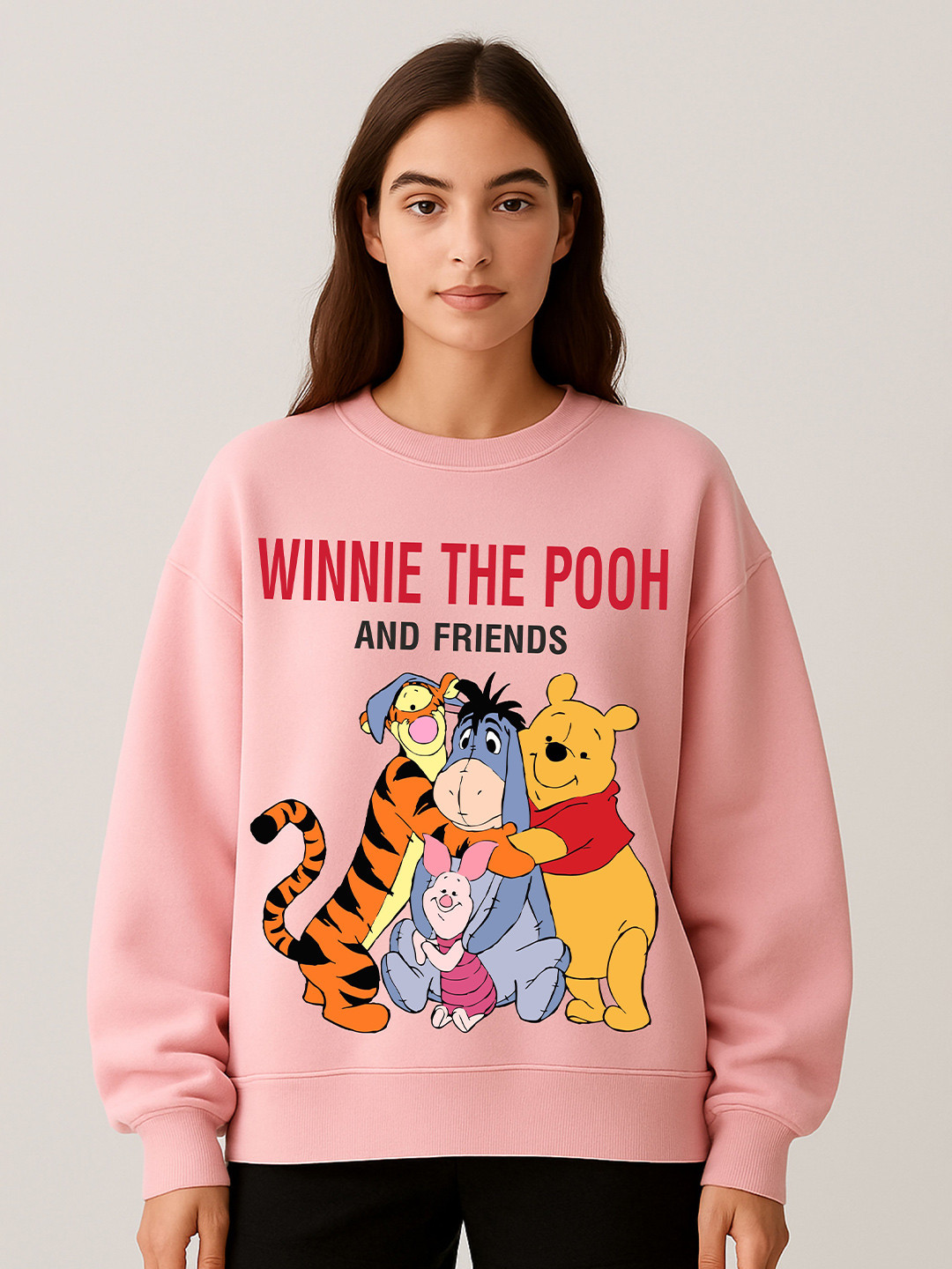 RAYACLOSET Winnie The Pooh Printed Drop Shoulder Sleeves Oversized Pullover Sweatshirt