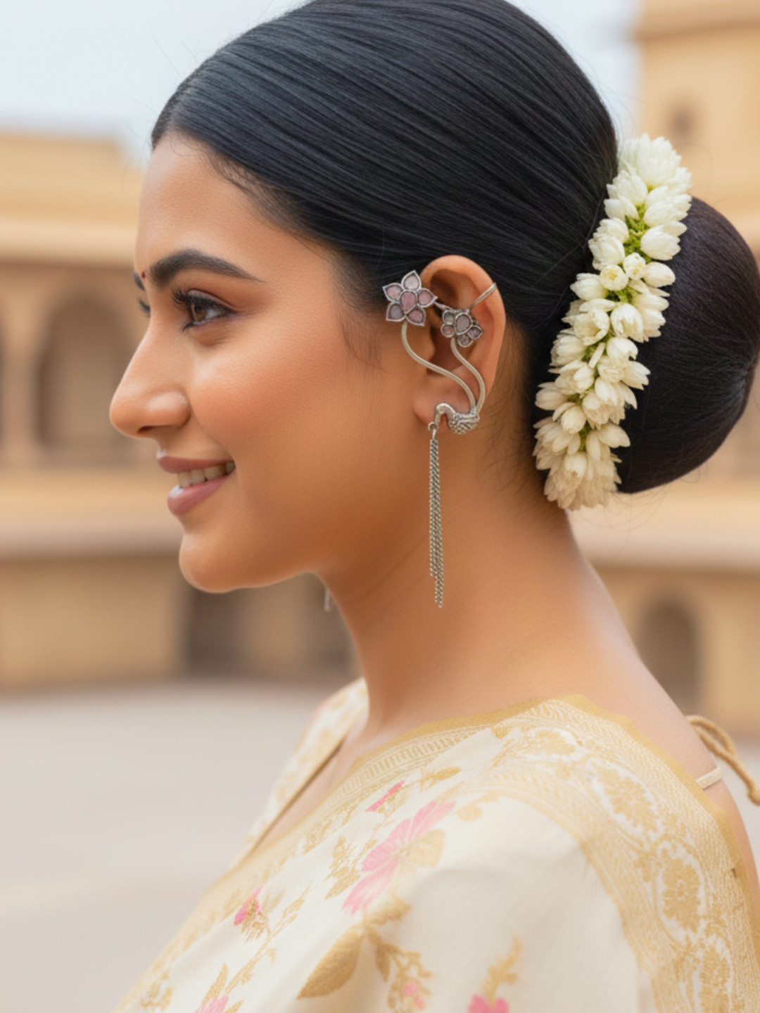 VIVAZS Silver-Plated Artificial Stones Studded Bird Ear Cuffs