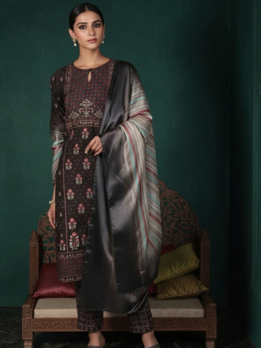Libas Charcoal & Cream Coloured Floral Printed Keyhole Neck Kurta With Trousers & Dupatta