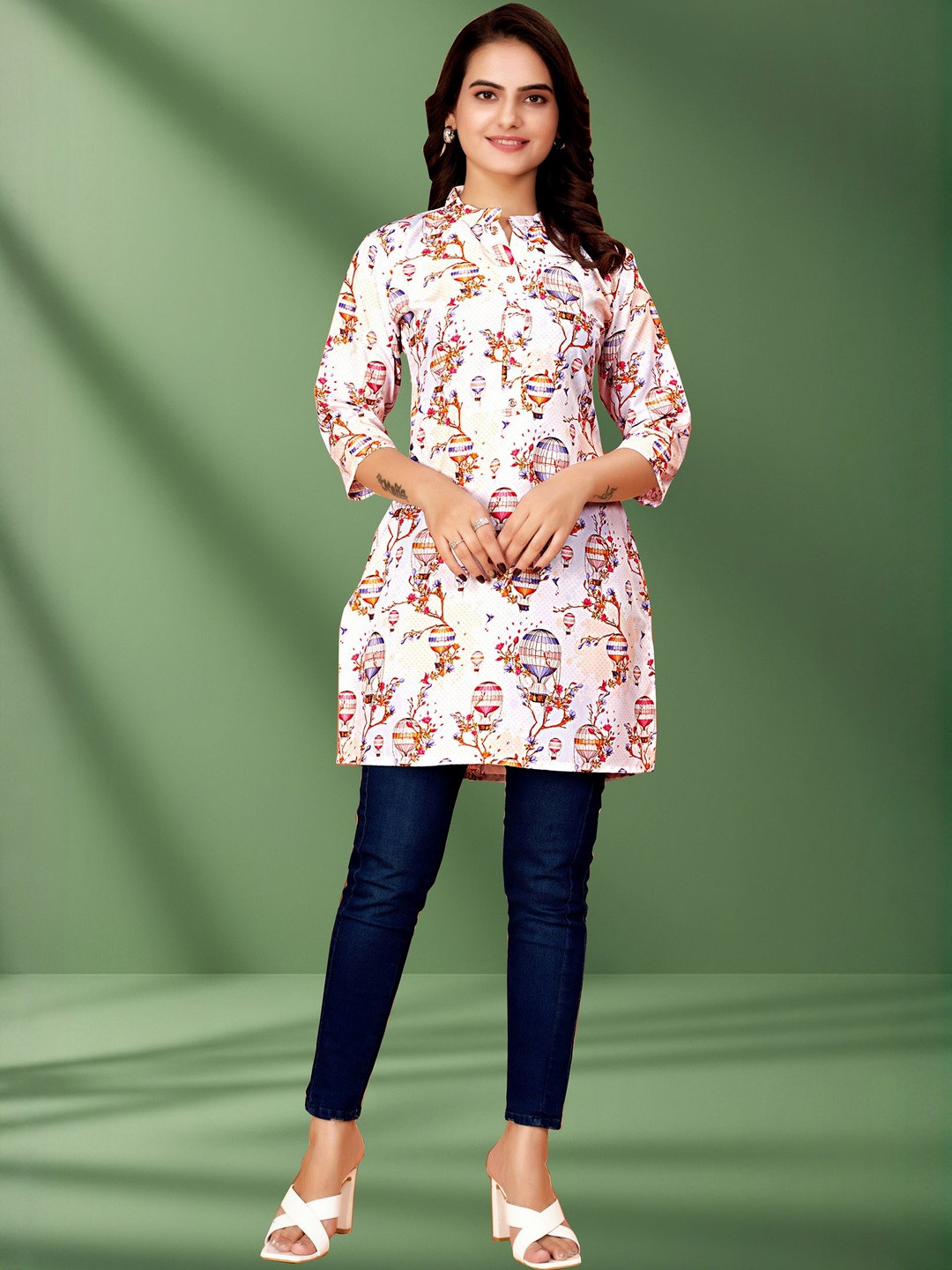 KHANJAN FASHION Women Concversational Printed Mandarin Collar Straight Short Kurti
