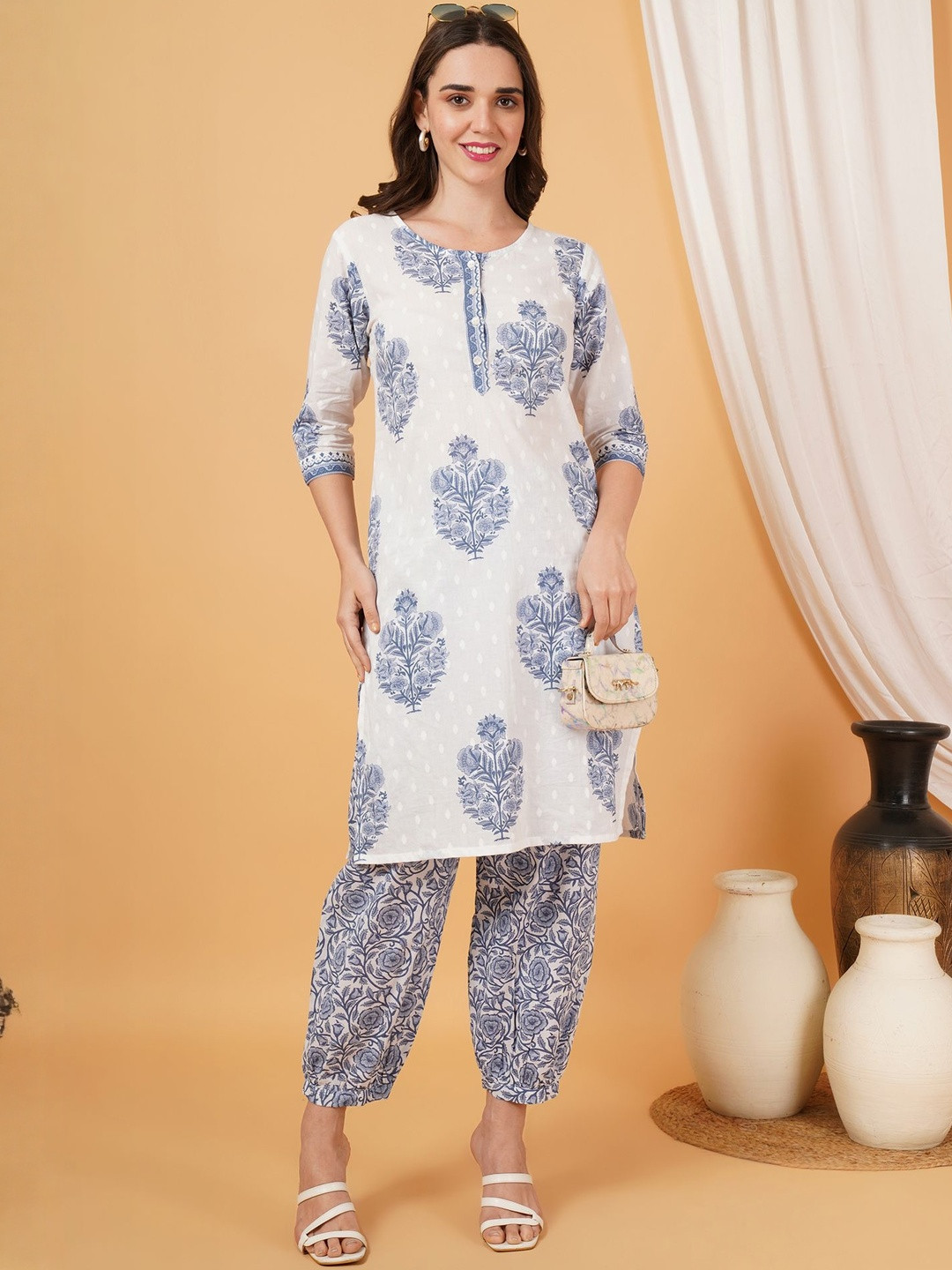 KALINI Women White & Blue Soft Cotton Floral Kurta with Afghani Pant