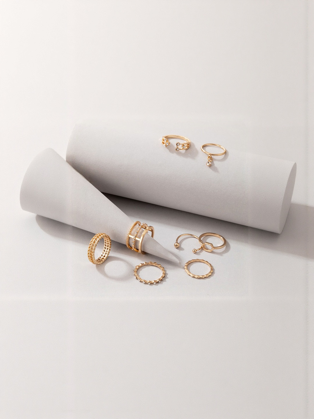TheVineGirl Set Of 8 Gold Plated Crystals Stone Studded Textured Finger Rings