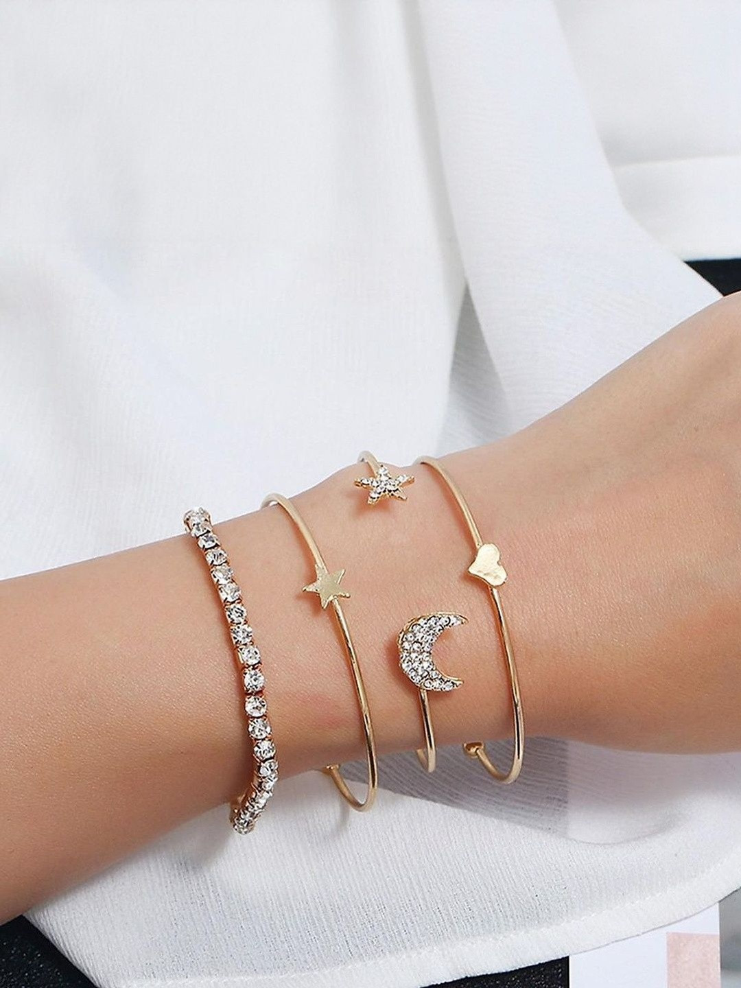 DressBerry Set Of 4 Gold-Plated Moon Star Heart Combo Cuff Bracelet