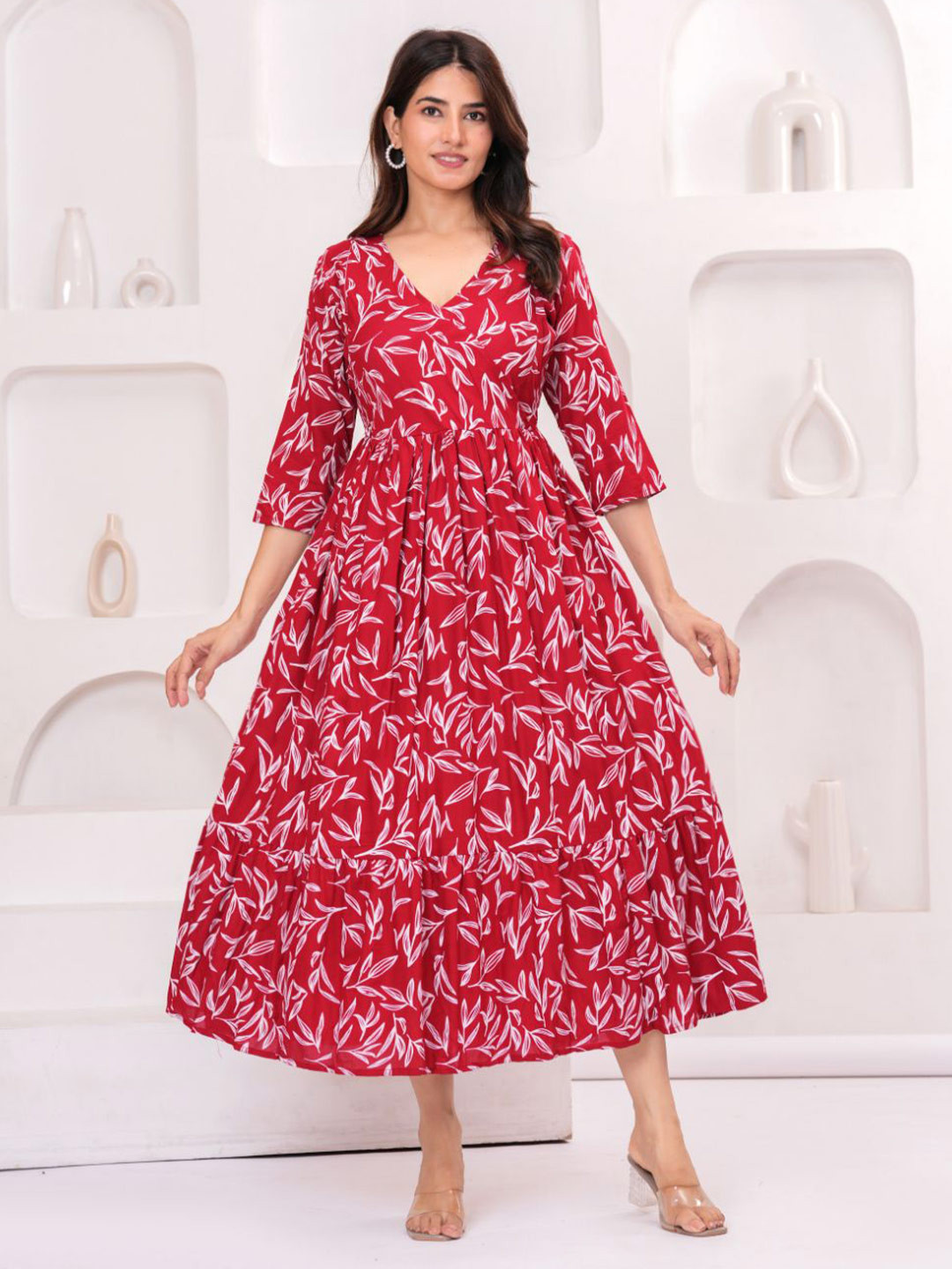 KHEJAL Women Maternity Floral Printed V Neck Tiered Fit & Flare Midi Dress