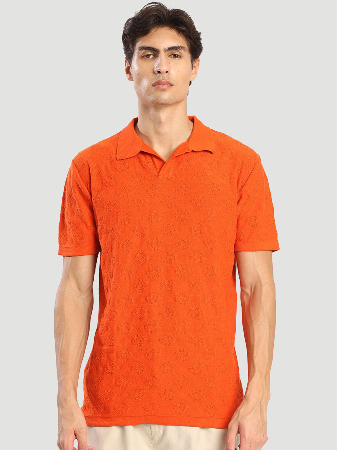 The Lifestyle Co. Textured Self Design Structured Polo Collar Regular Fit T-Shirt