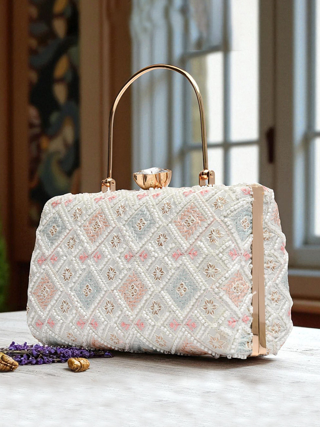 FOR THE BEAUTIFUL YOU Embroidered Embellished Shoulder Strap Click Box Clutch