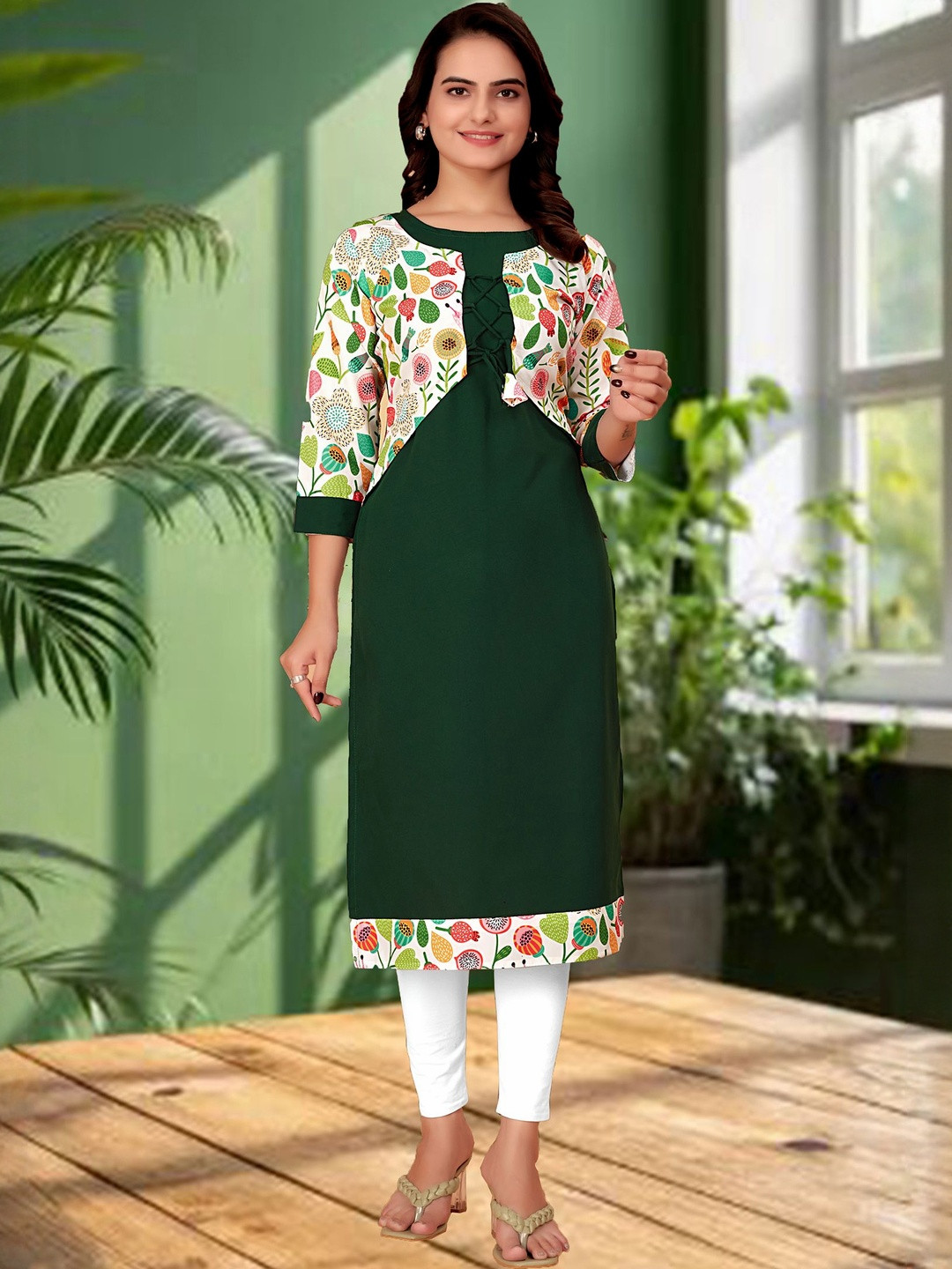 KHANJAN FASHION Floral Jacket Style Staight Printed Kurta