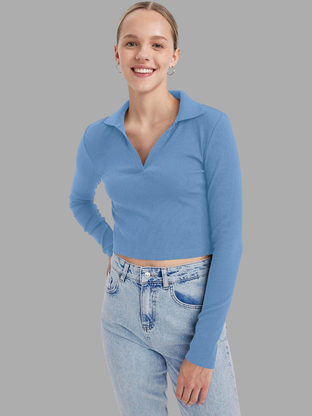 Blue Shirt Collar Long Sleeves Ribbed Crop Top