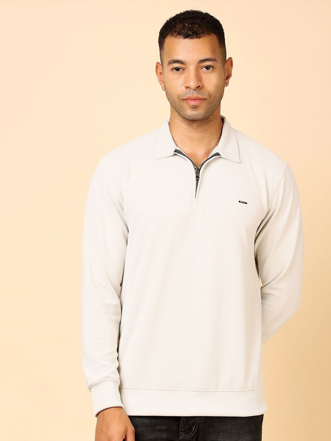 Stylox Self Design Shirt Collar Cotton Pullover Sweatshirt