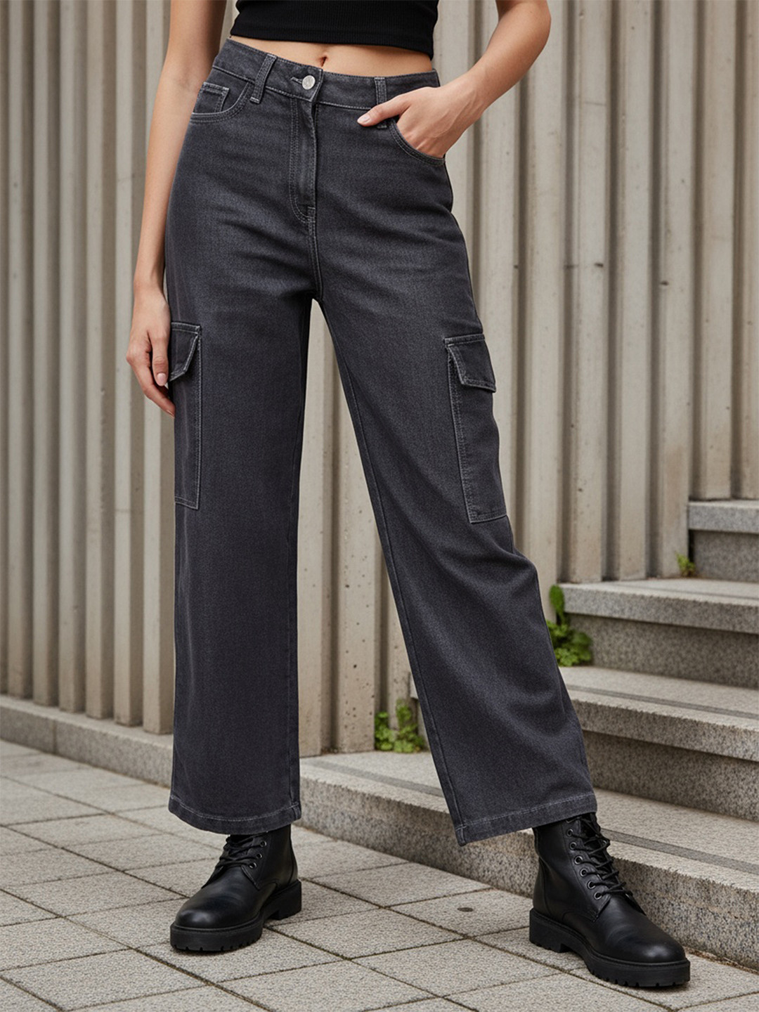 Freehand by The Indian Garage Co Women Grey Flared Clean Look Cargo Jeans