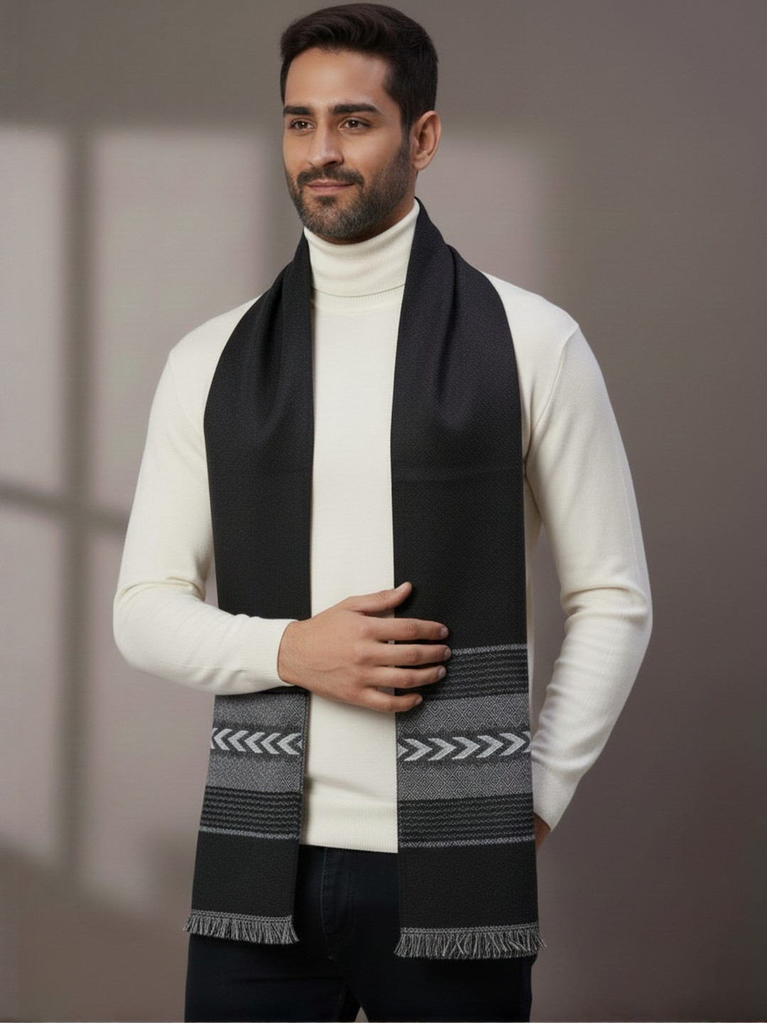 Zamour Men Striped Border Woollen Muffler