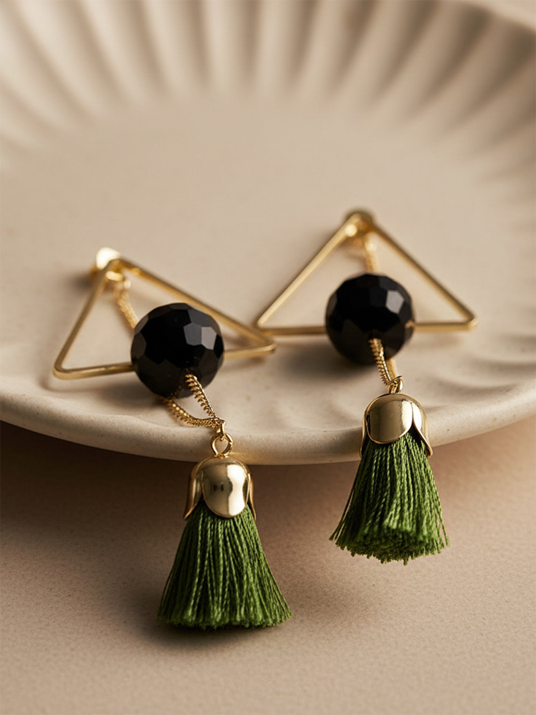 KARATCART Black & Olive Green Gold-Plated Beaded Tasselled Triangular Drop Earrings