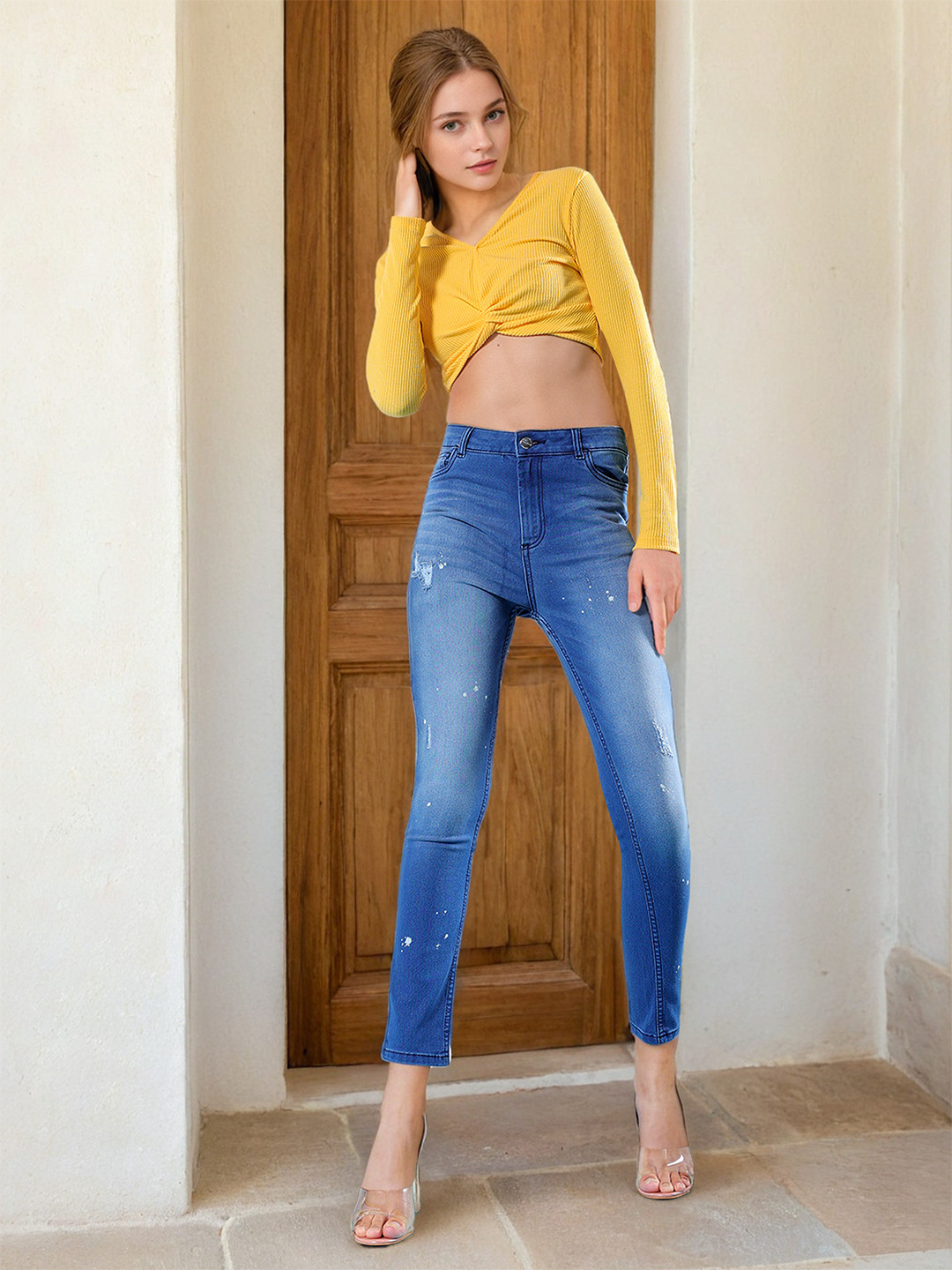 Freehand by The Indian Garage Co Women Blue Super Skinny Fit High-Rise Low Distress Light Fade Stretchable Jeans