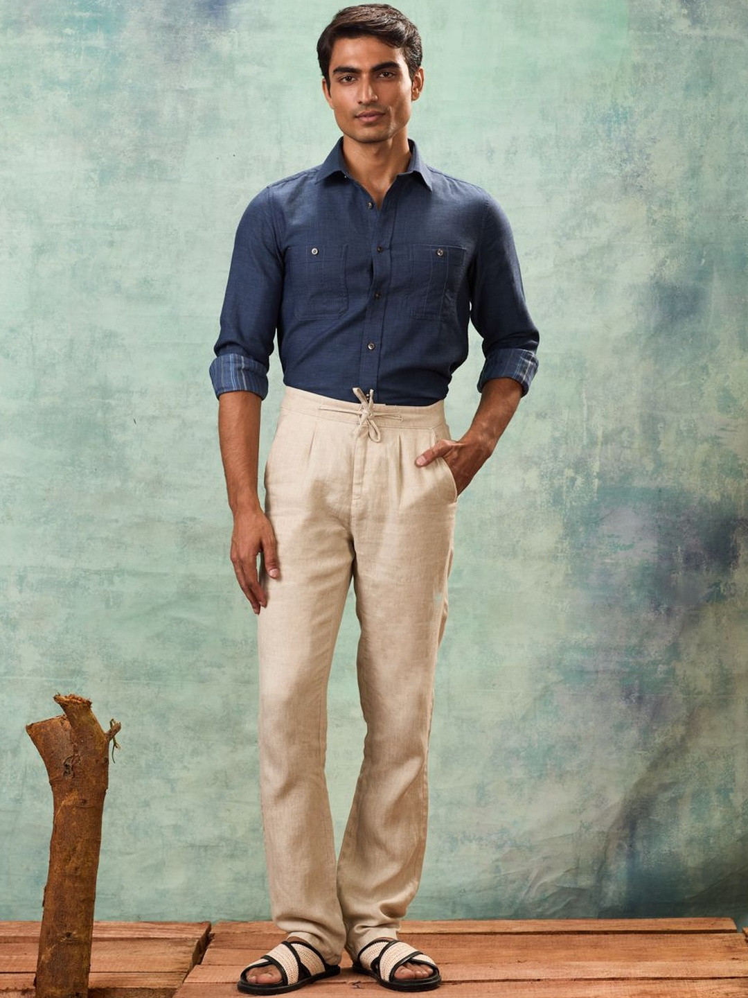 MH&Y Men Mid-Rise Flat-Front Comfort Relaxed Fit Linen Trouser
